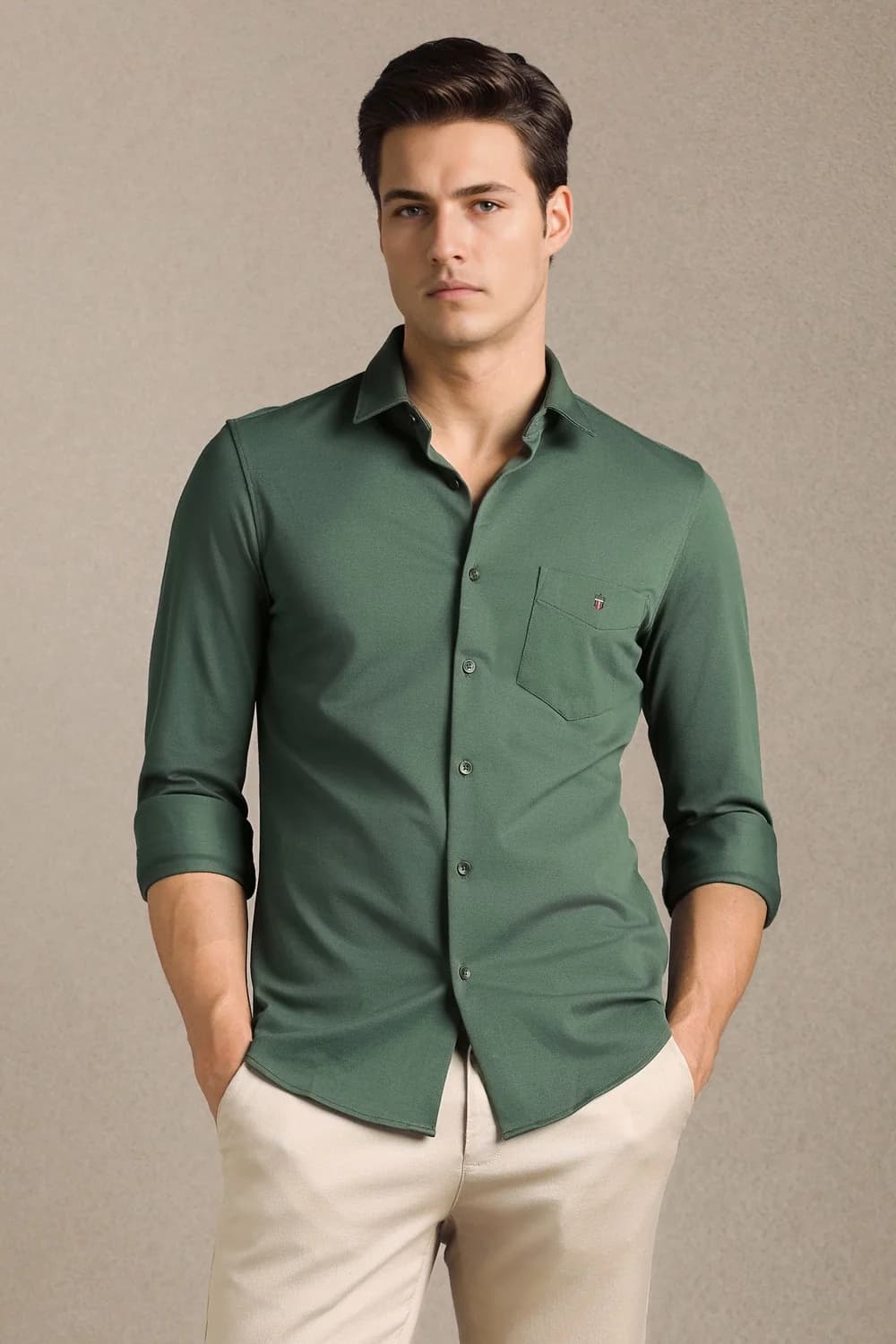 Men's Green Casual Solid Slim Fit Cotton Shirt