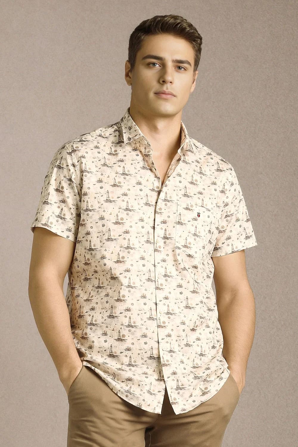 Men's Beige Casual Printed Slim Fit Cotton Shirt