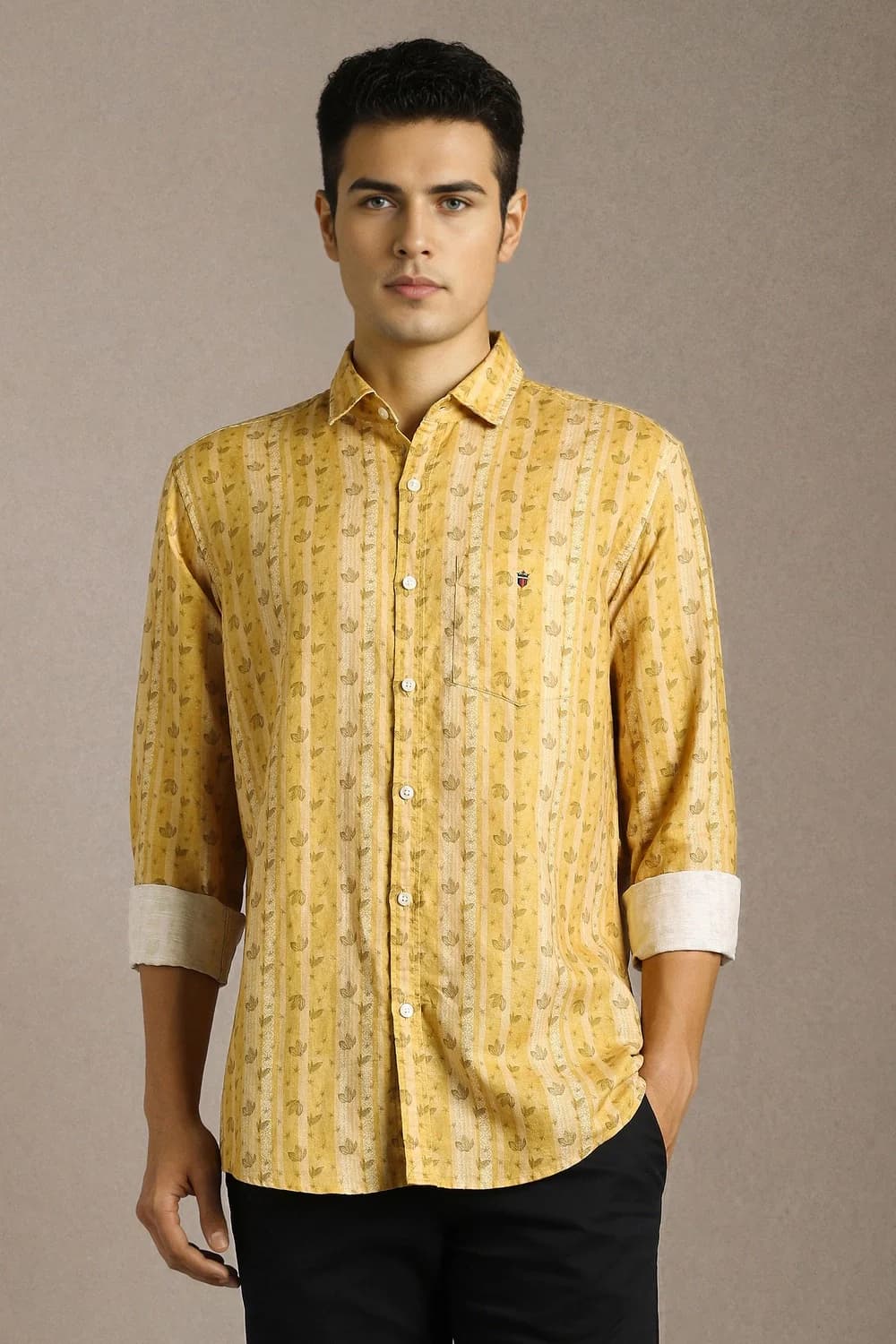 Men's Yellow Casual Printed Slim Fit Cotton Shirt