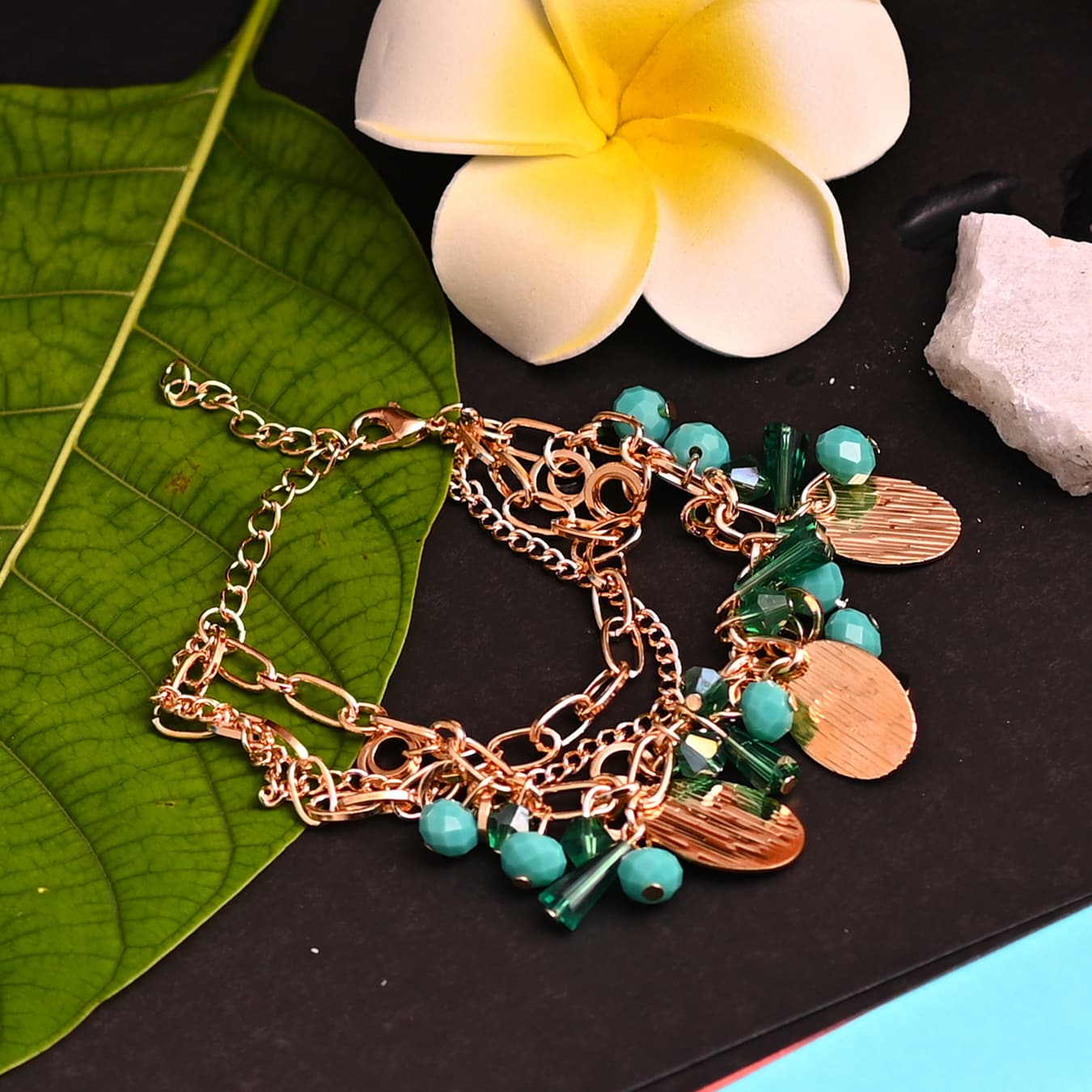 Women's Rose Gold Plated & Sea Green Tasselled Wraparound Bracelet