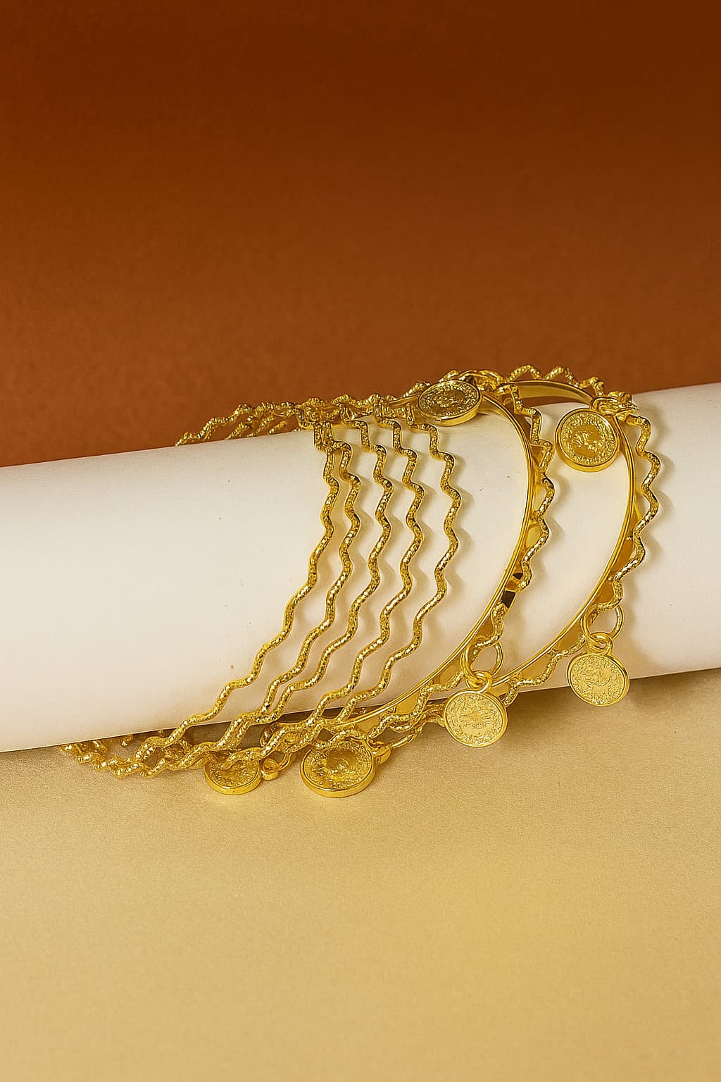 Women's Gold-Plated Wavy Bangles With Intricate Coin - Set of 7