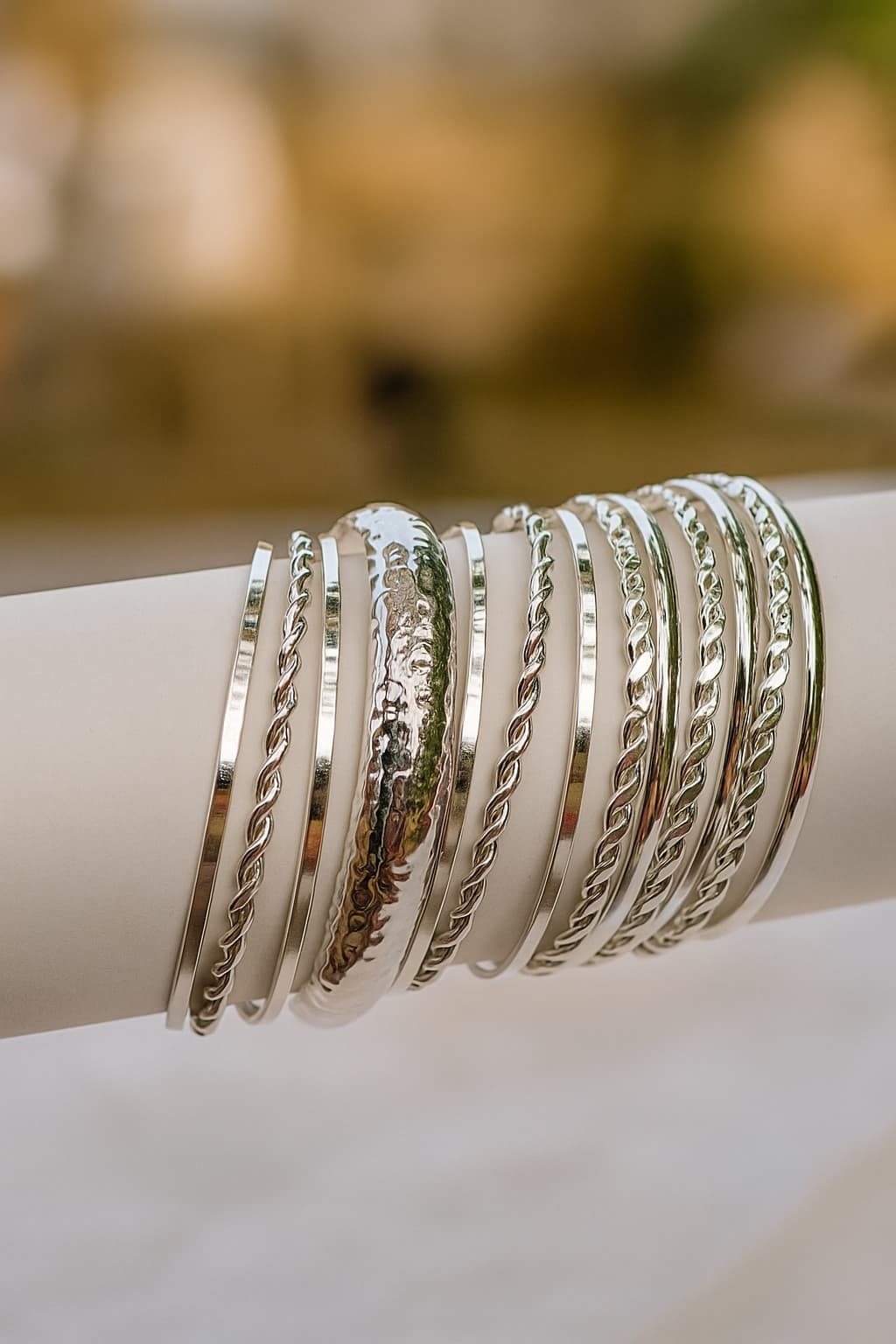 Women's Silver-Plated Hammered Rope Style Bangles - Set of 12