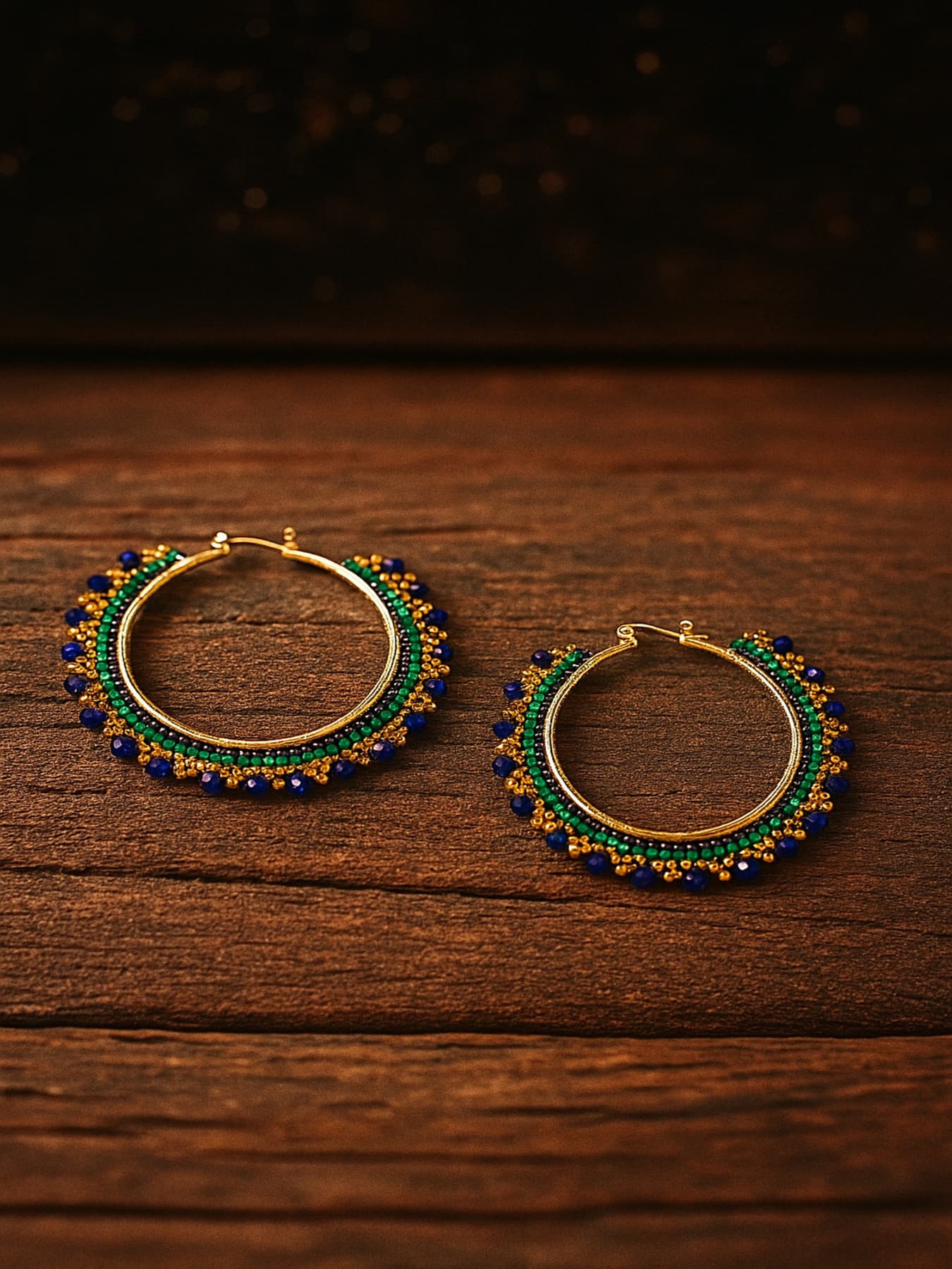 Women's Green & Blue Beaded Hoop Earrings