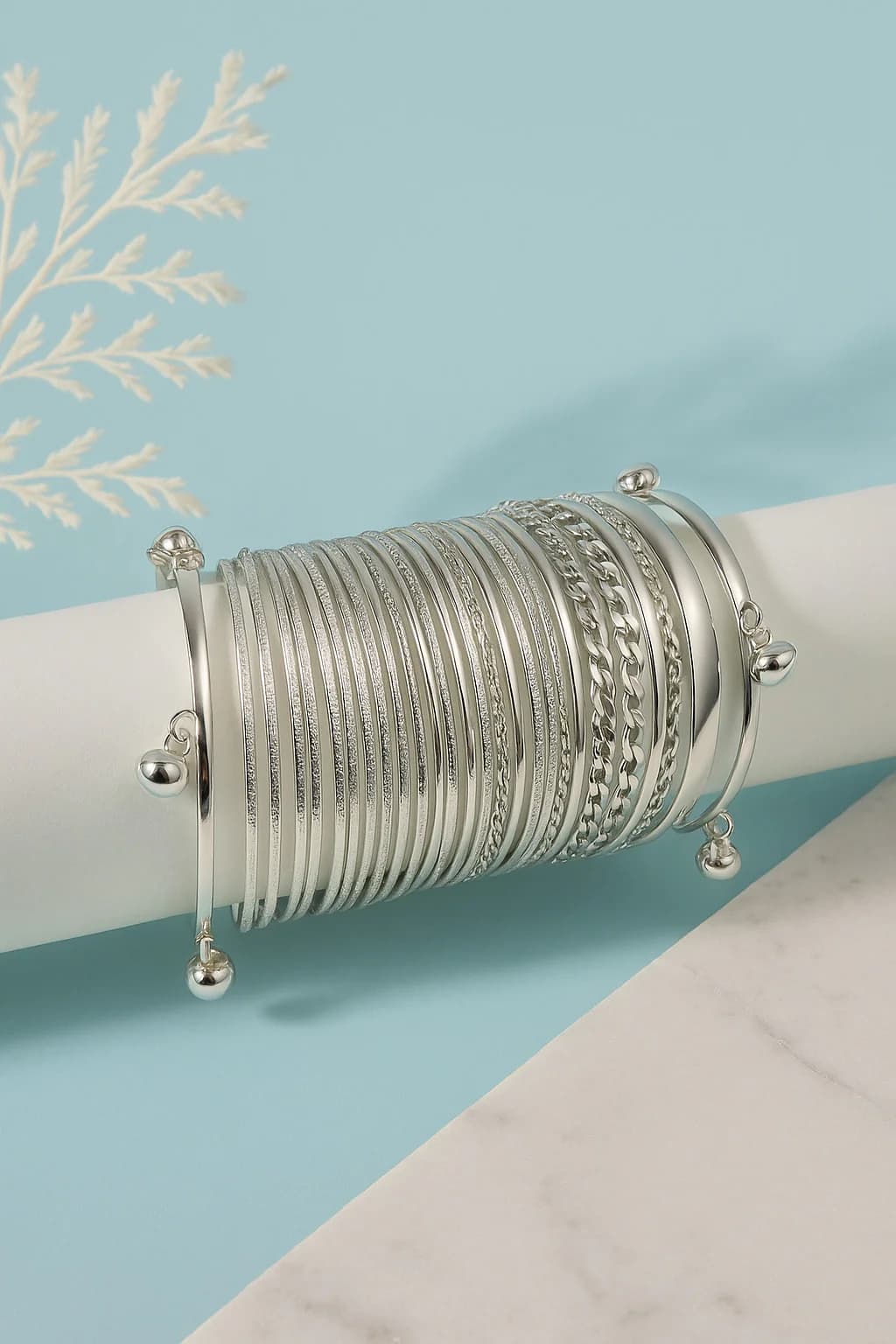 Women's Silver Textured Bangle Set with Charms