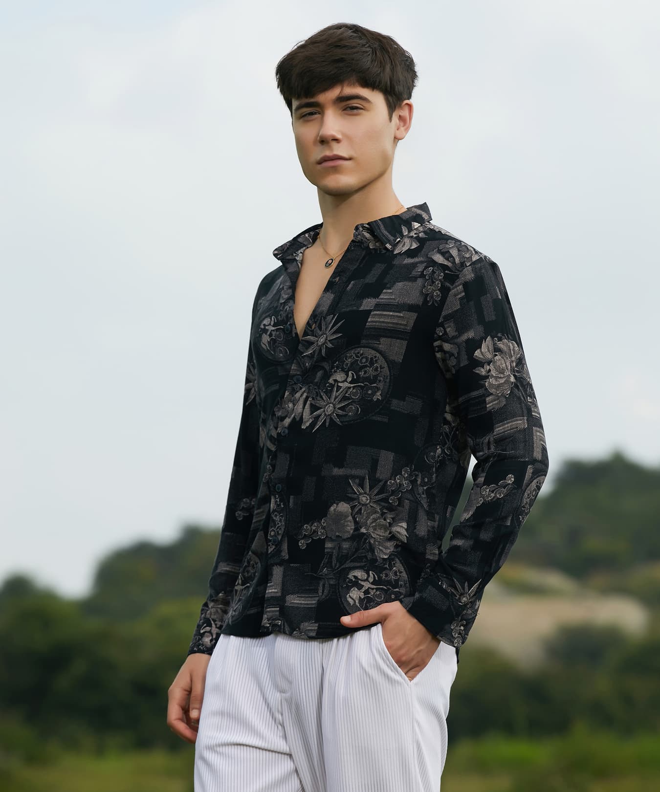 Men's Black Casual Printed Regular Fit Shirt