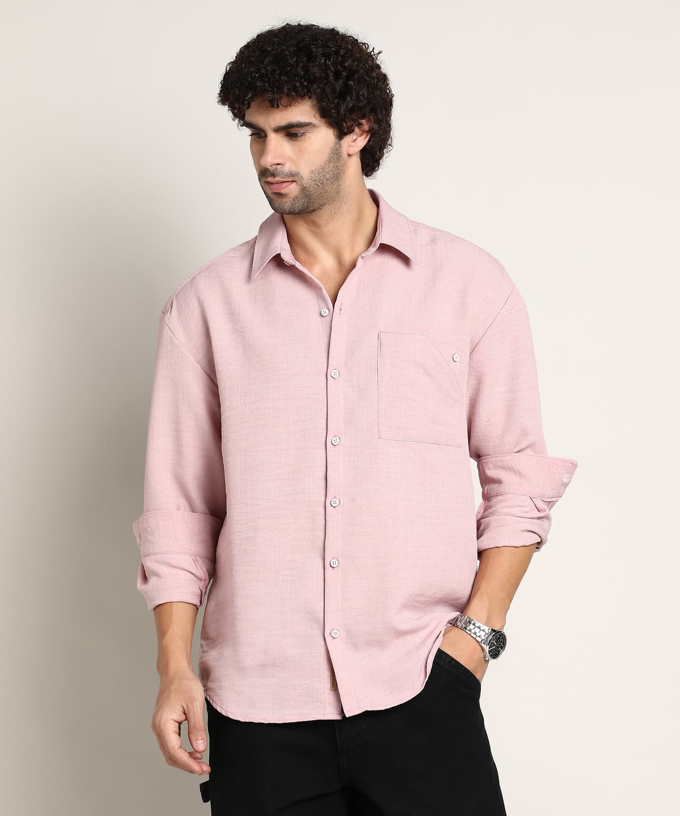 Men's Pink Casual Solid Oversized Fit Shirt