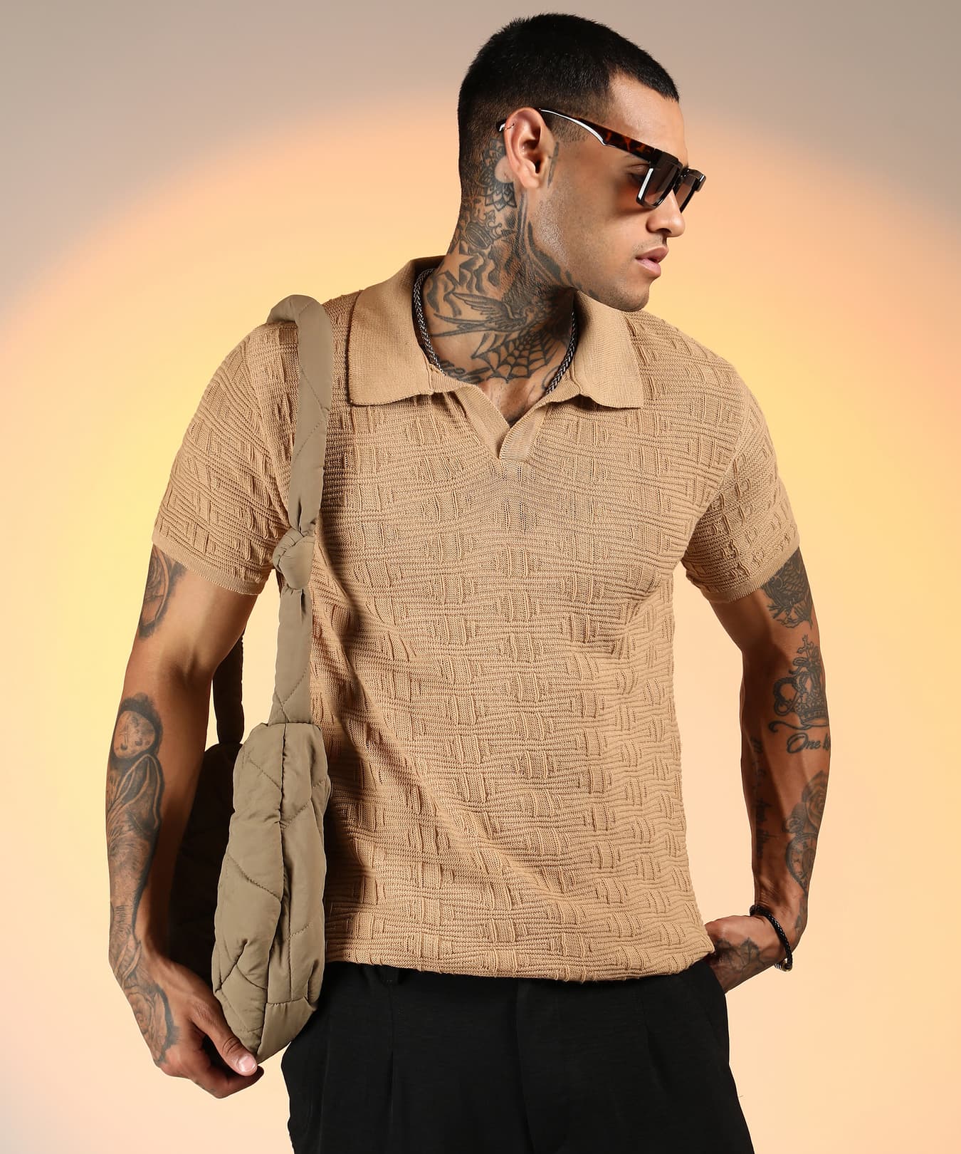Men's Beige Casual Textured Regular Fit Tshirt