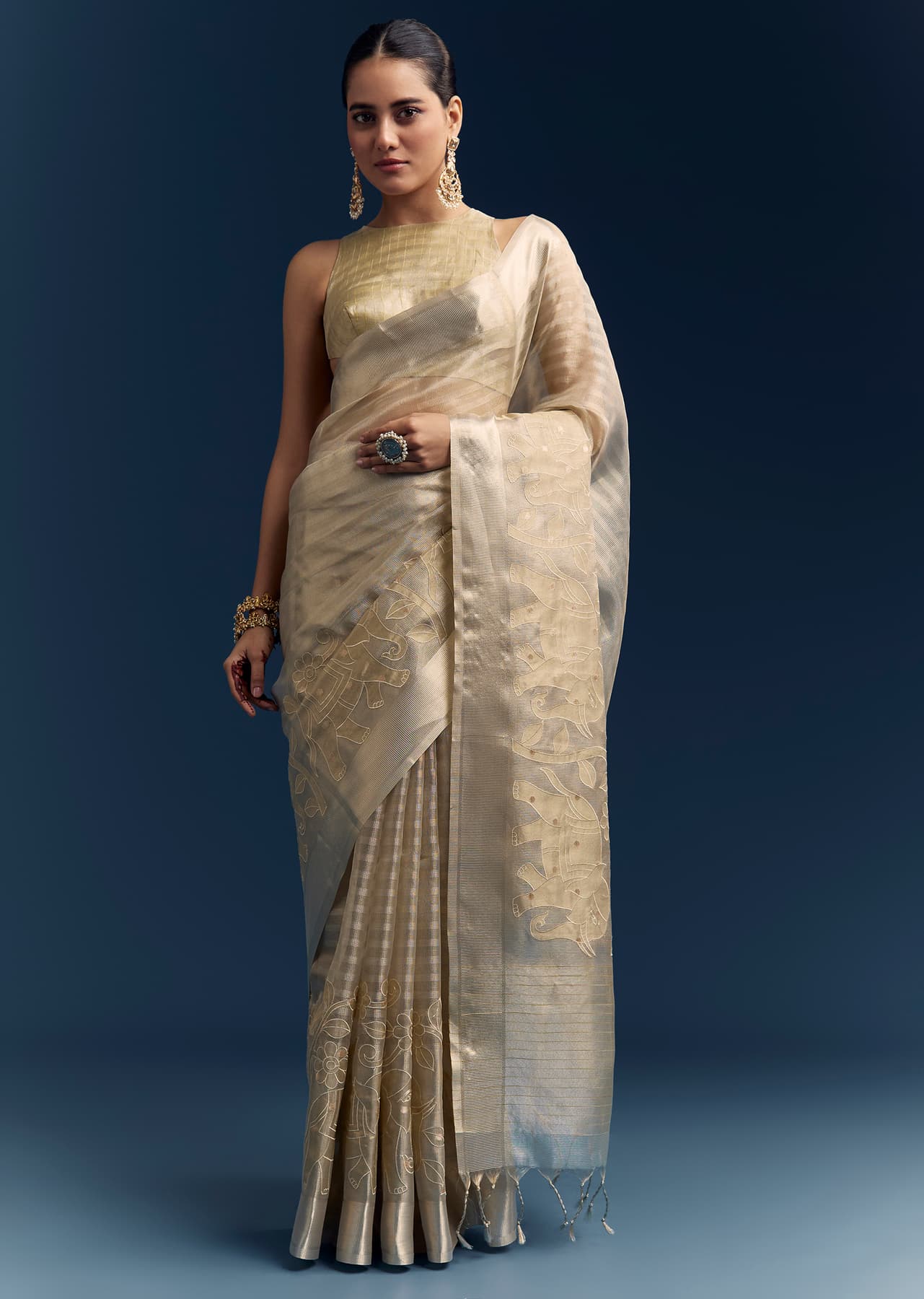 Women's Festive Gold Tissue Organza Saree With Zari And Resham Embroidery