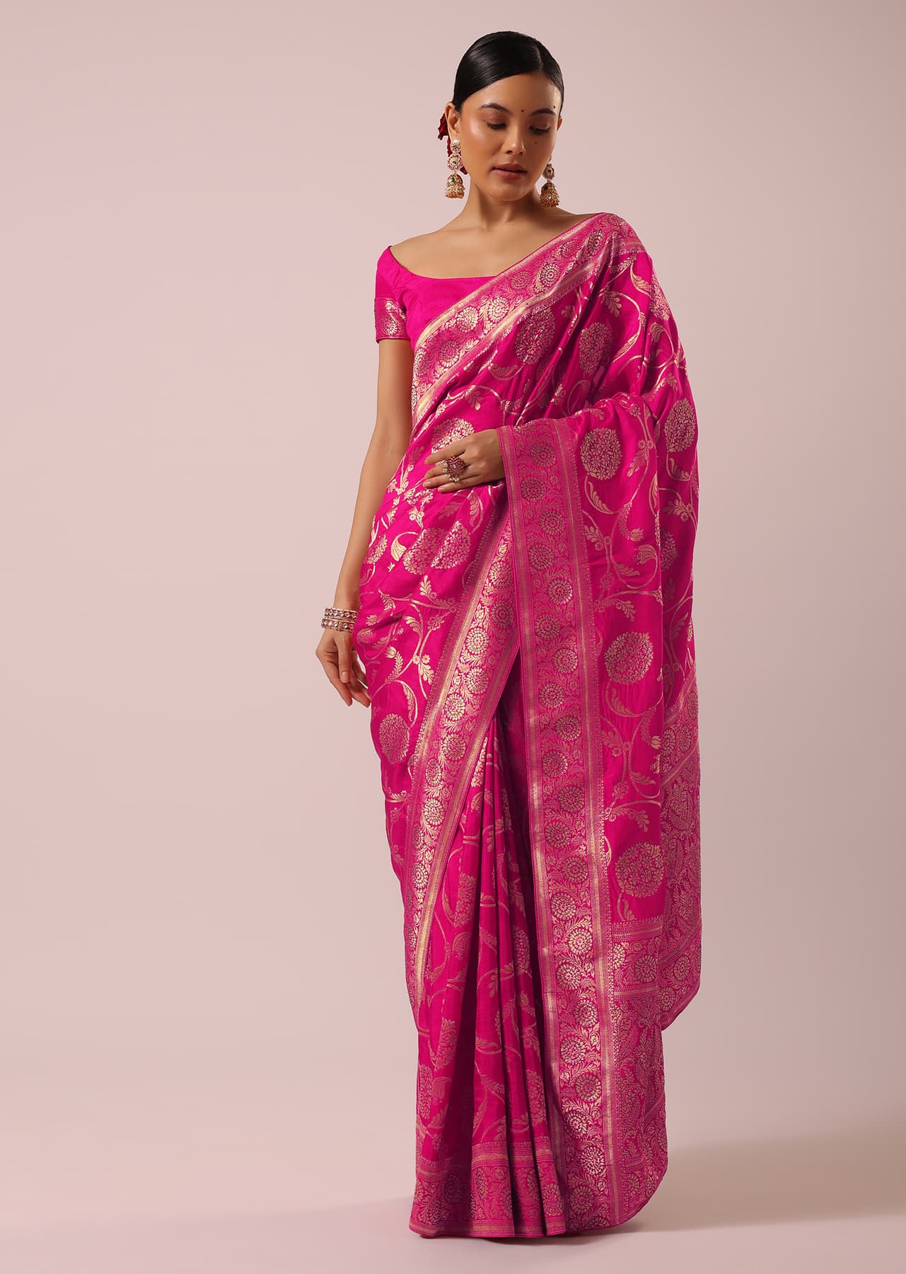 Women's Festive Pink Satin Organza Saree With Floral Jaal Weave