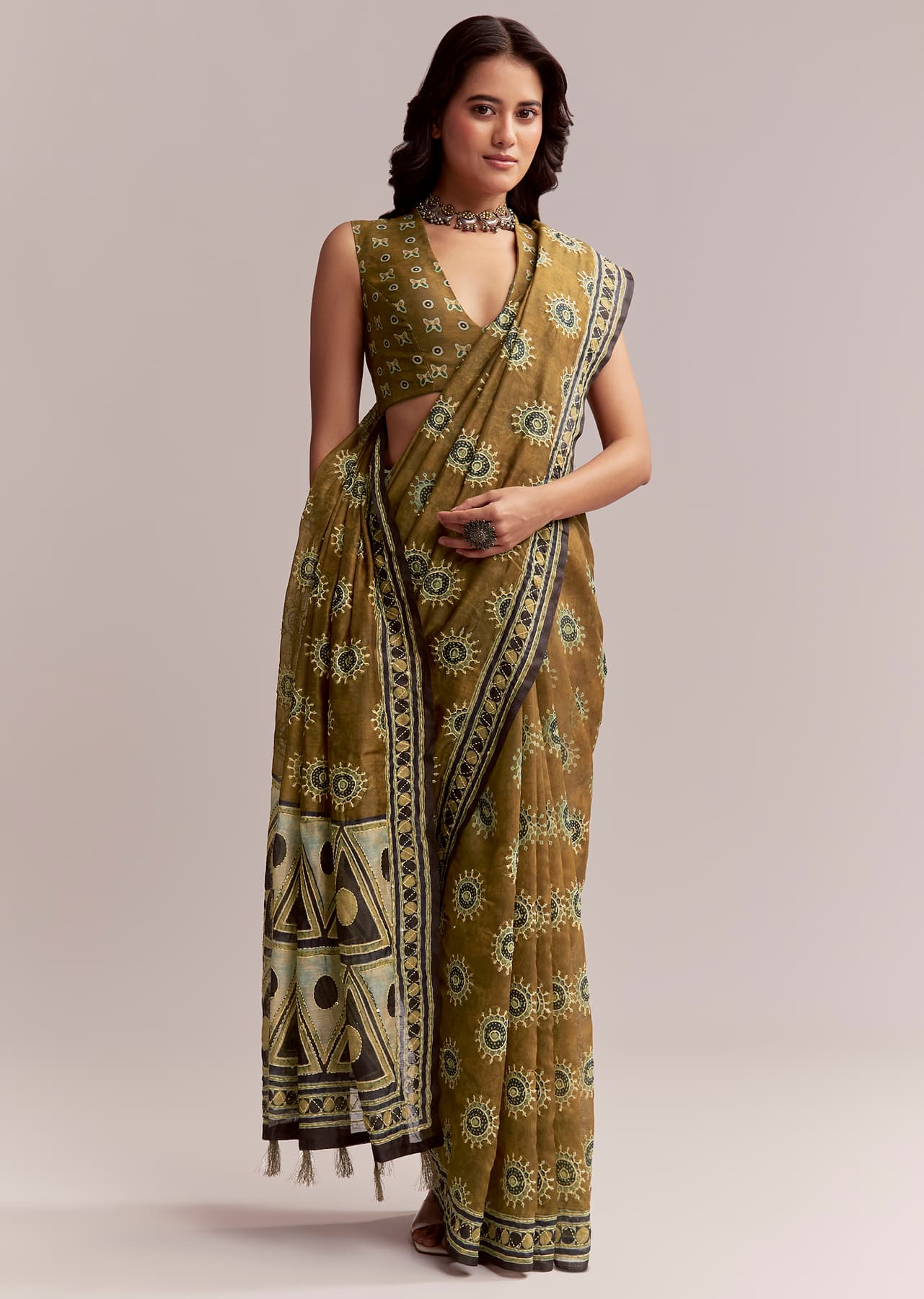Women's Casual Olive Brown Linen Printed Saree With Handcrafted Ajrakh Print