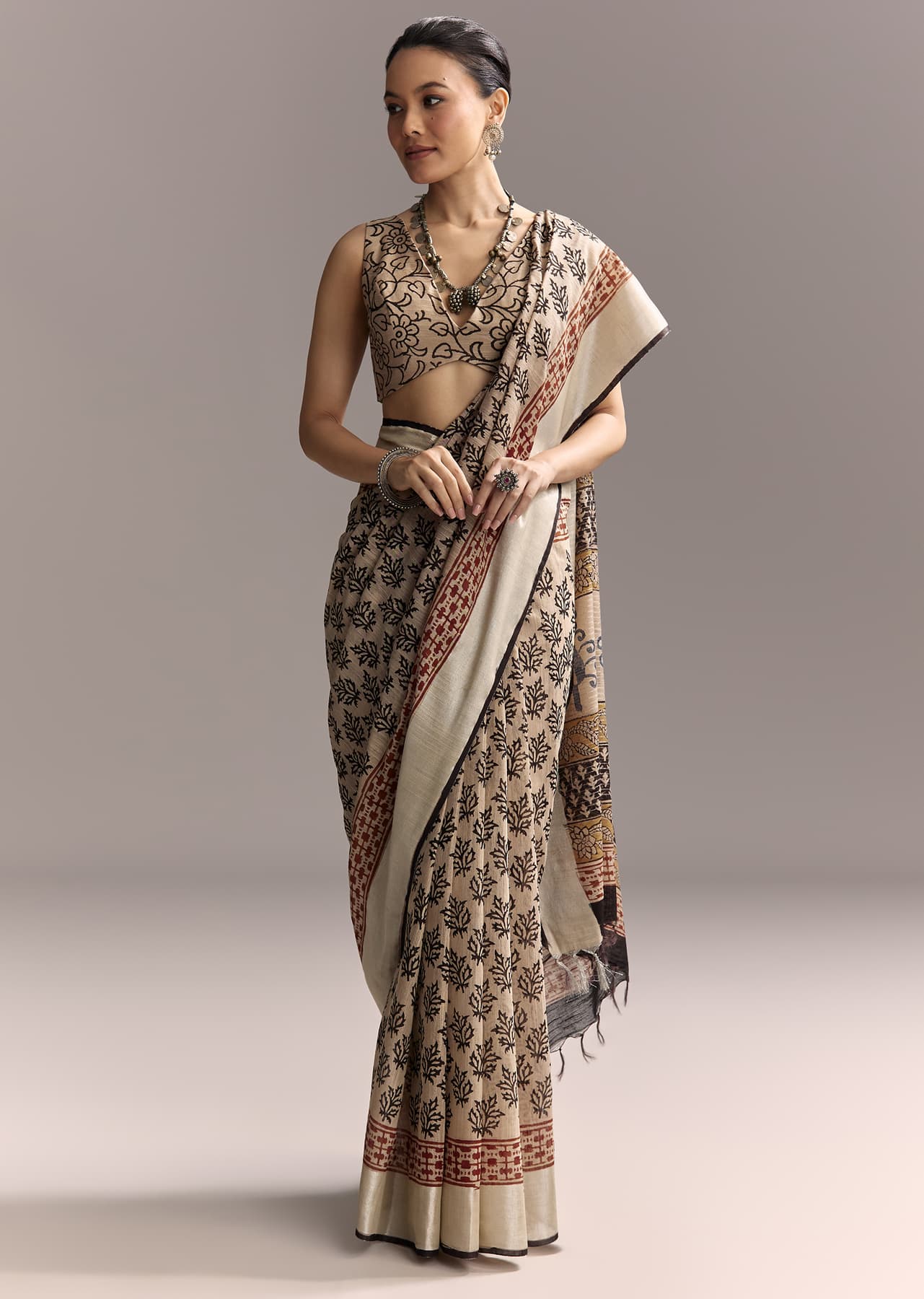 Women's Casual Cream Linen Saree With Black Hand Block Ajrakh Print