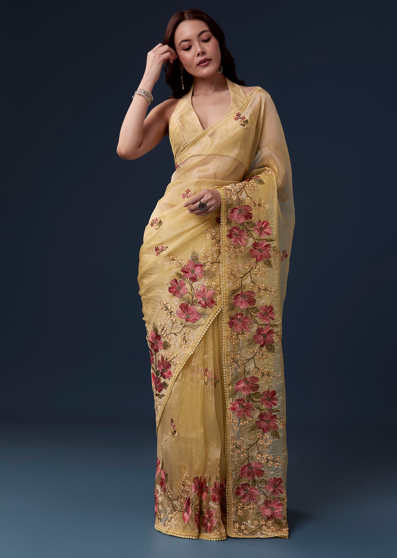 Women's Festive Yellow Tissue Organza Saree With Multicolor Resham Thread And Lace Border