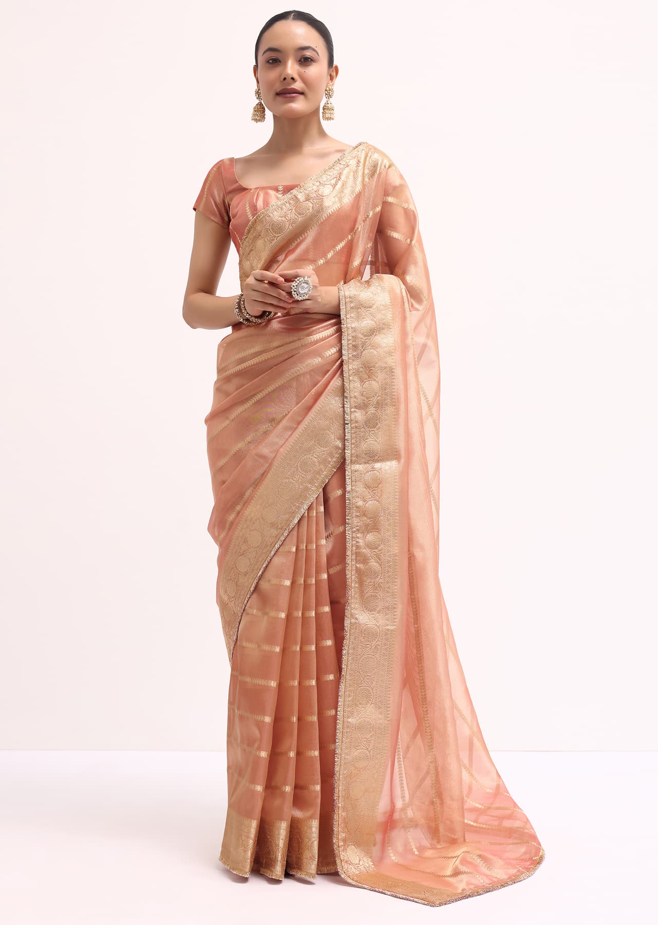Women's Festive Pinkish Gold Zari Chanderi Silk Saree With Unstitched Border