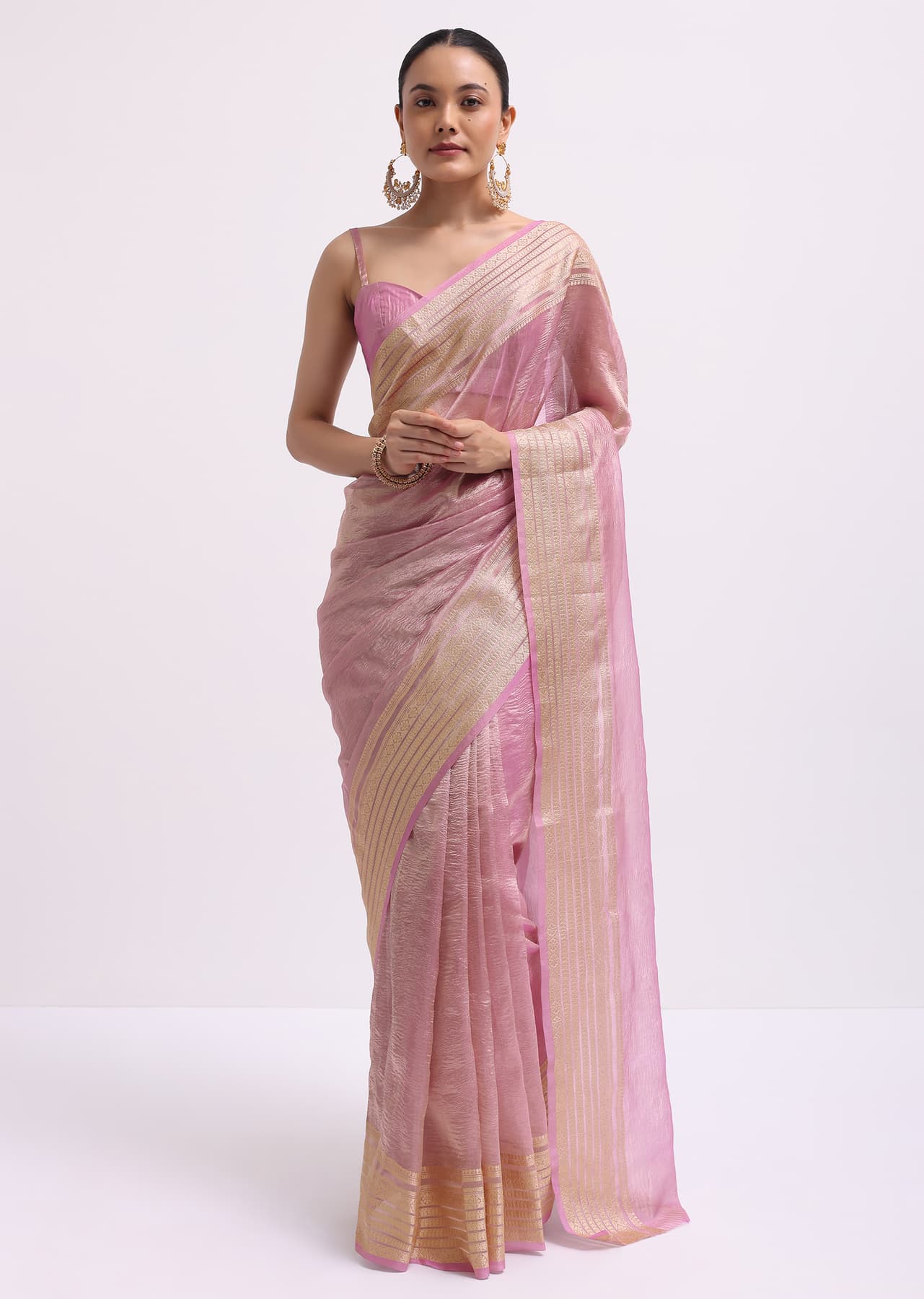 Women's Festive Pink Zari Woven Chanderi Saree With Unstitched Blouse