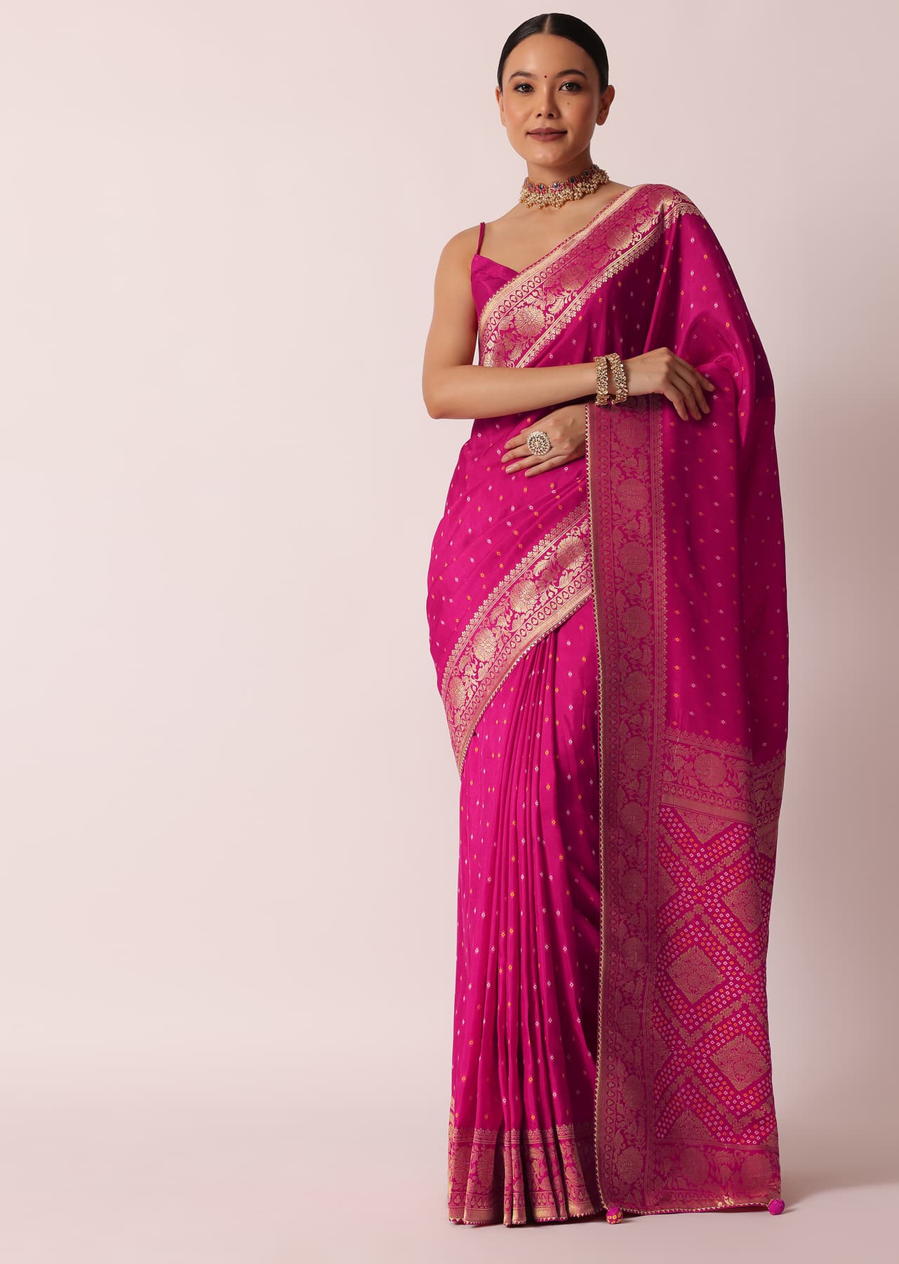 Women's Festive Rani Pink Banarasi Saree With Bandhani Buttis And Unstitched Blouse Piece