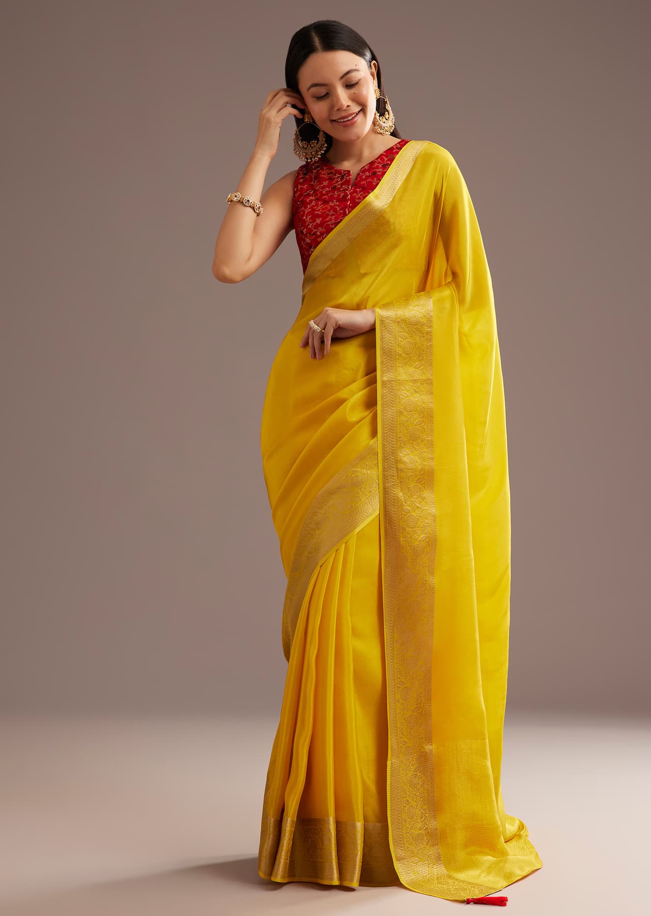 Women's Festive Mustard Yellow Crepe Silk Saree With Zari Border And Contrast Blouse