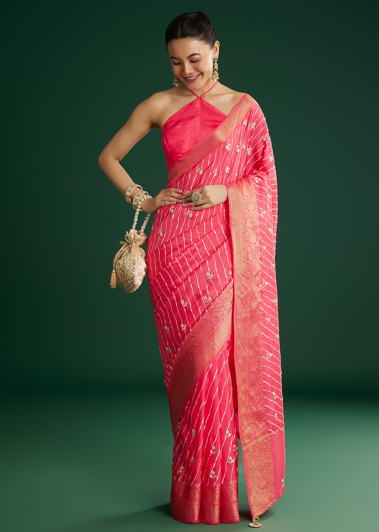 Women's Festive Gajari Dola Silk Saree With Floral Embroidery And Lehariya Print