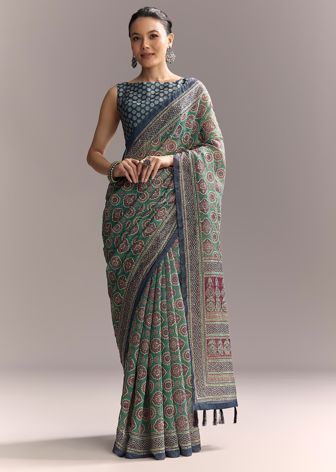Women's Casual Green Linen Saree With Authentic Ajrakh Print And Indigo Border