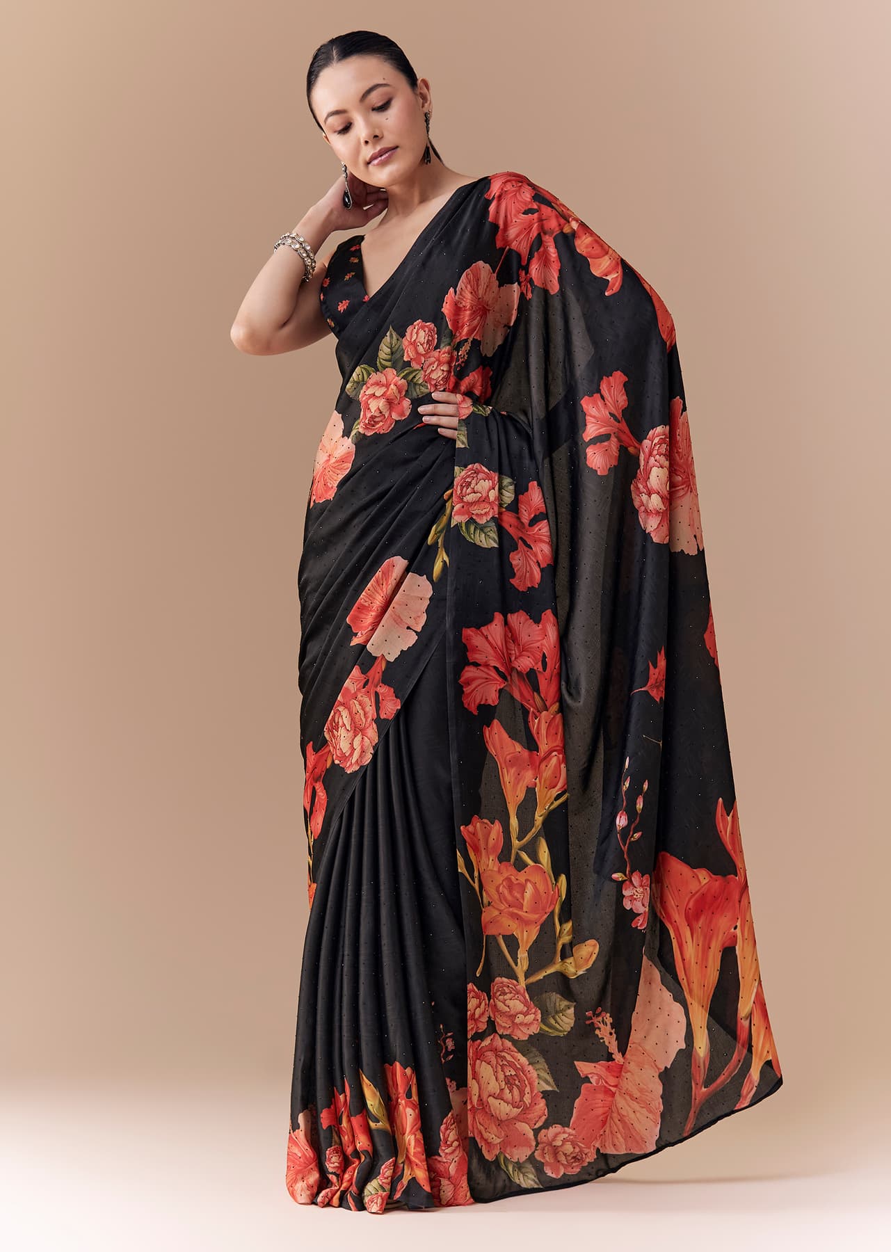 Women's Casual Black Satin Floral Printed Saree with Blouse Fabric