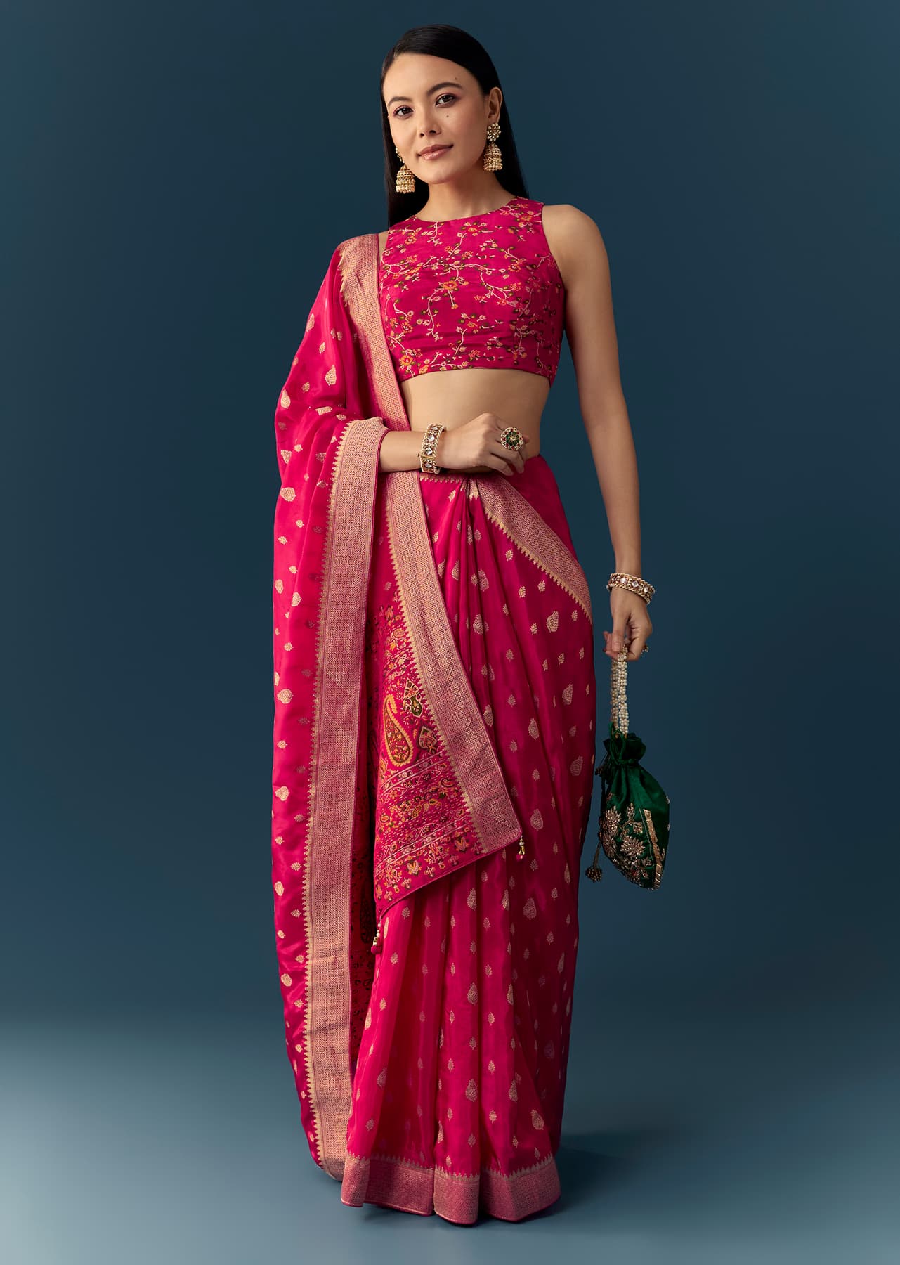 Women's Festive Rani Pink Dola Silk Brocade Woven Saree with Unstitched Blouse
