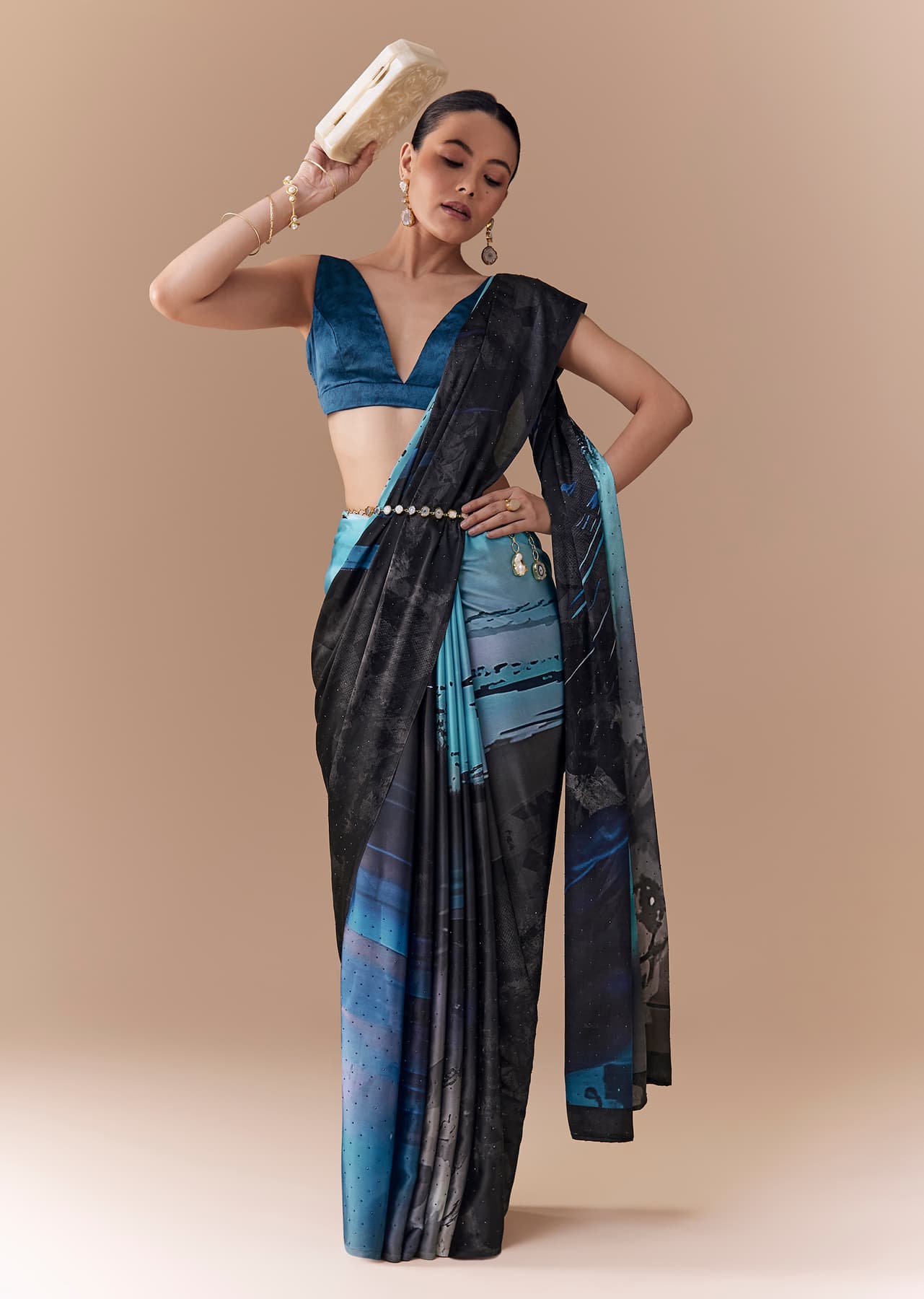 Women's Casual Grey Shaded Printed Satin Saree with Blouse Fabric