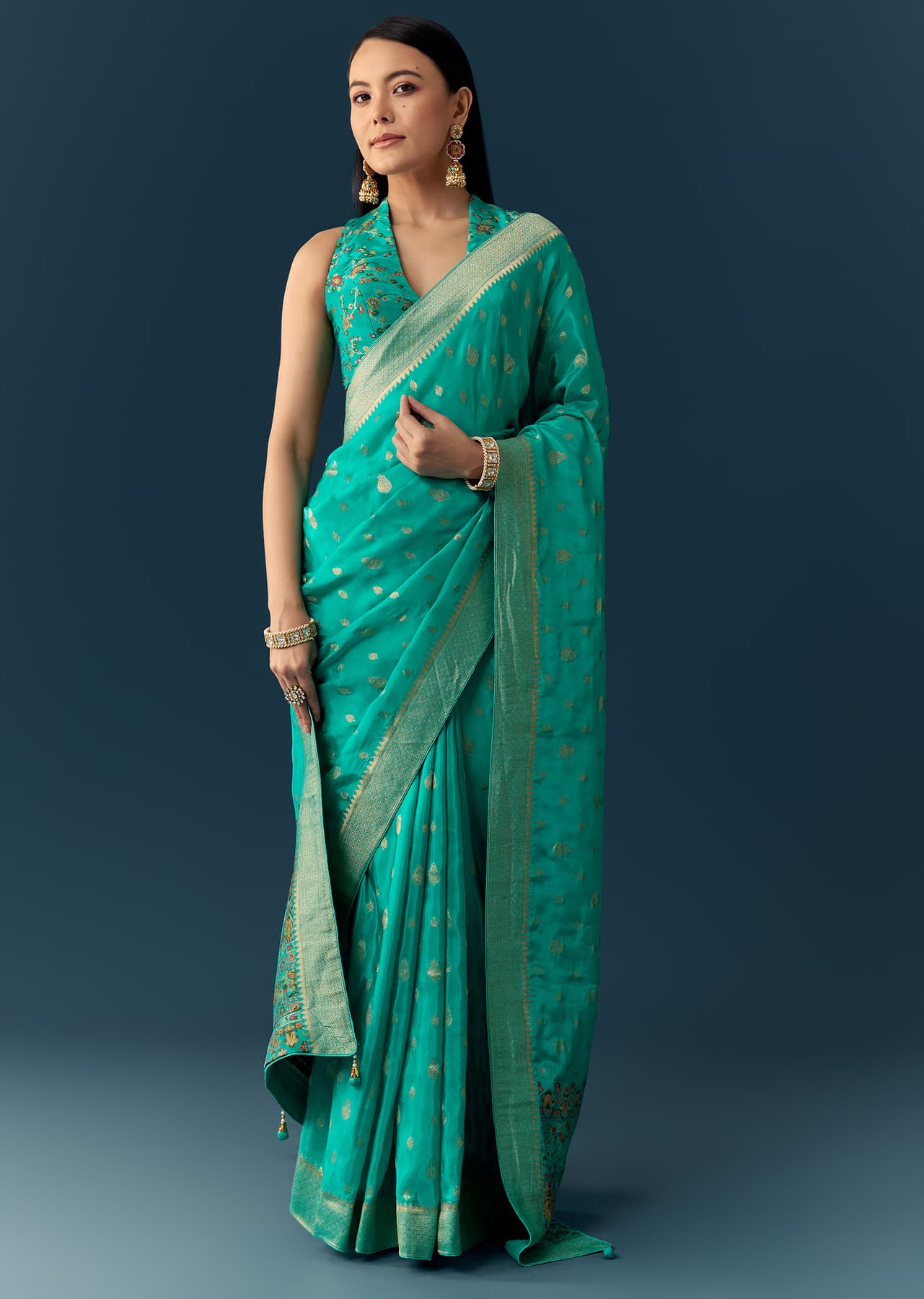 Women's Festive Sea Blue Dola Silk Saree with Woven Border and Unstitched Blouse