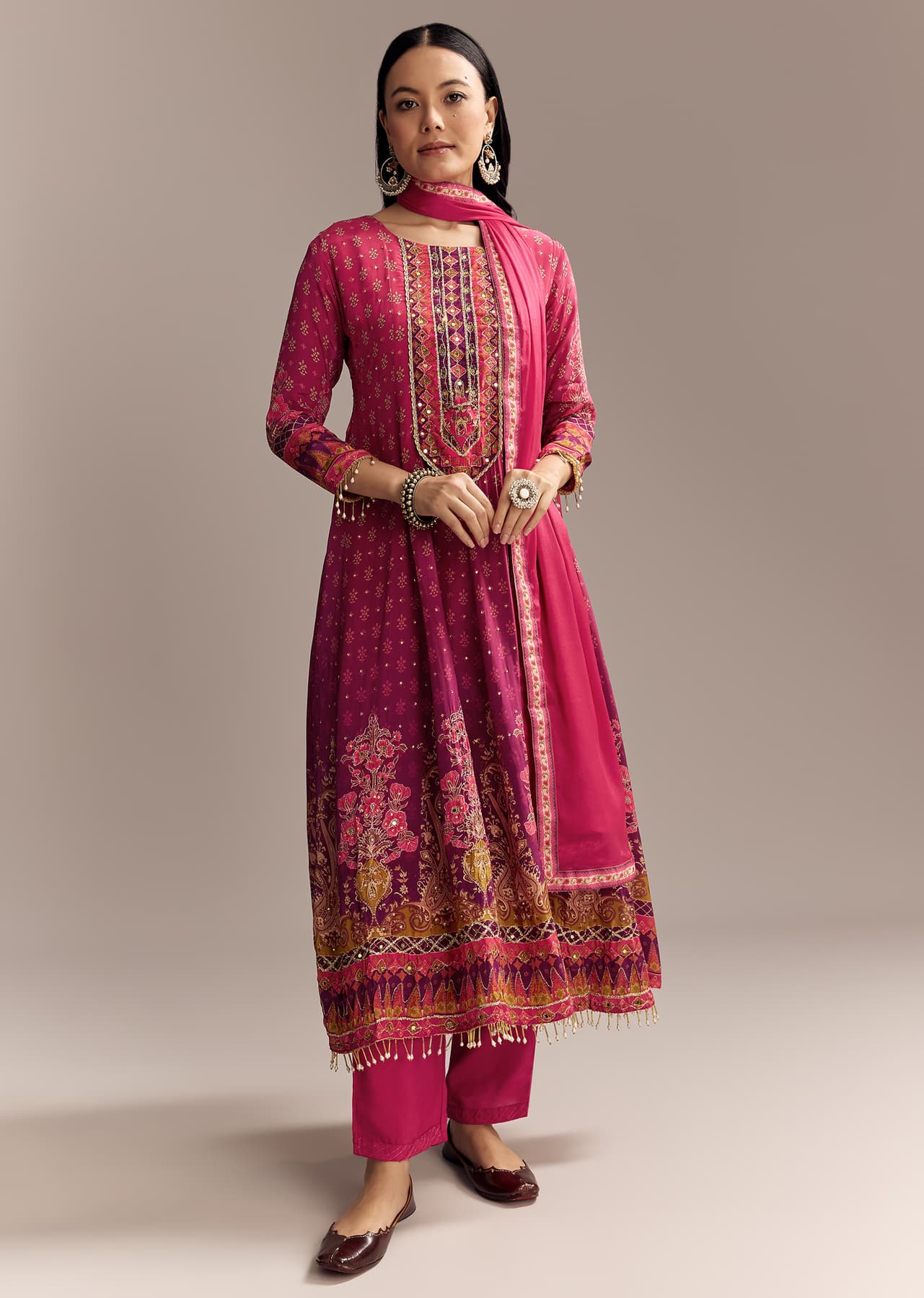 Women's Casual Red Ombre Crepe Printed Anarkali Suit With Embroidery And Tassels