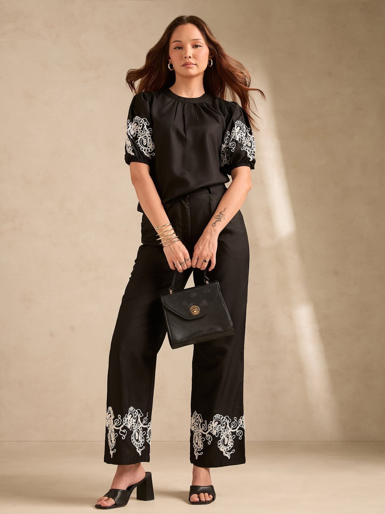 Women's Black Embroidered Top with Straight Leg Trouser Co-Ord Set