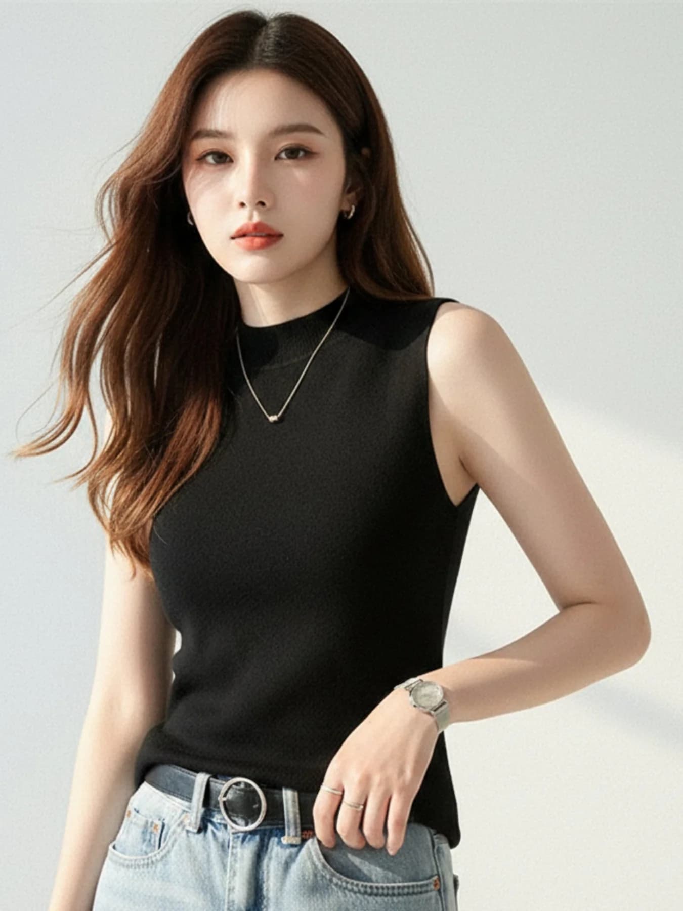 Women's Black High Neck Wide Tank Top