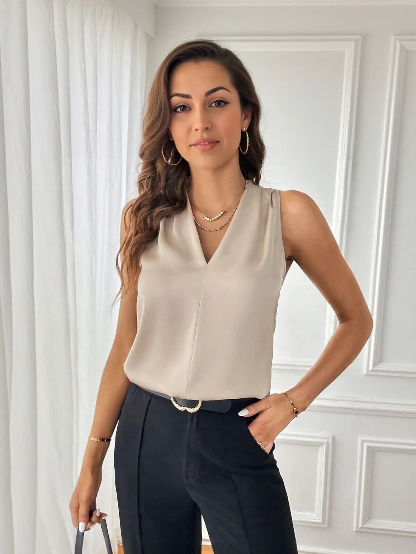 Women's Beige V-Neck Flouncy Top
