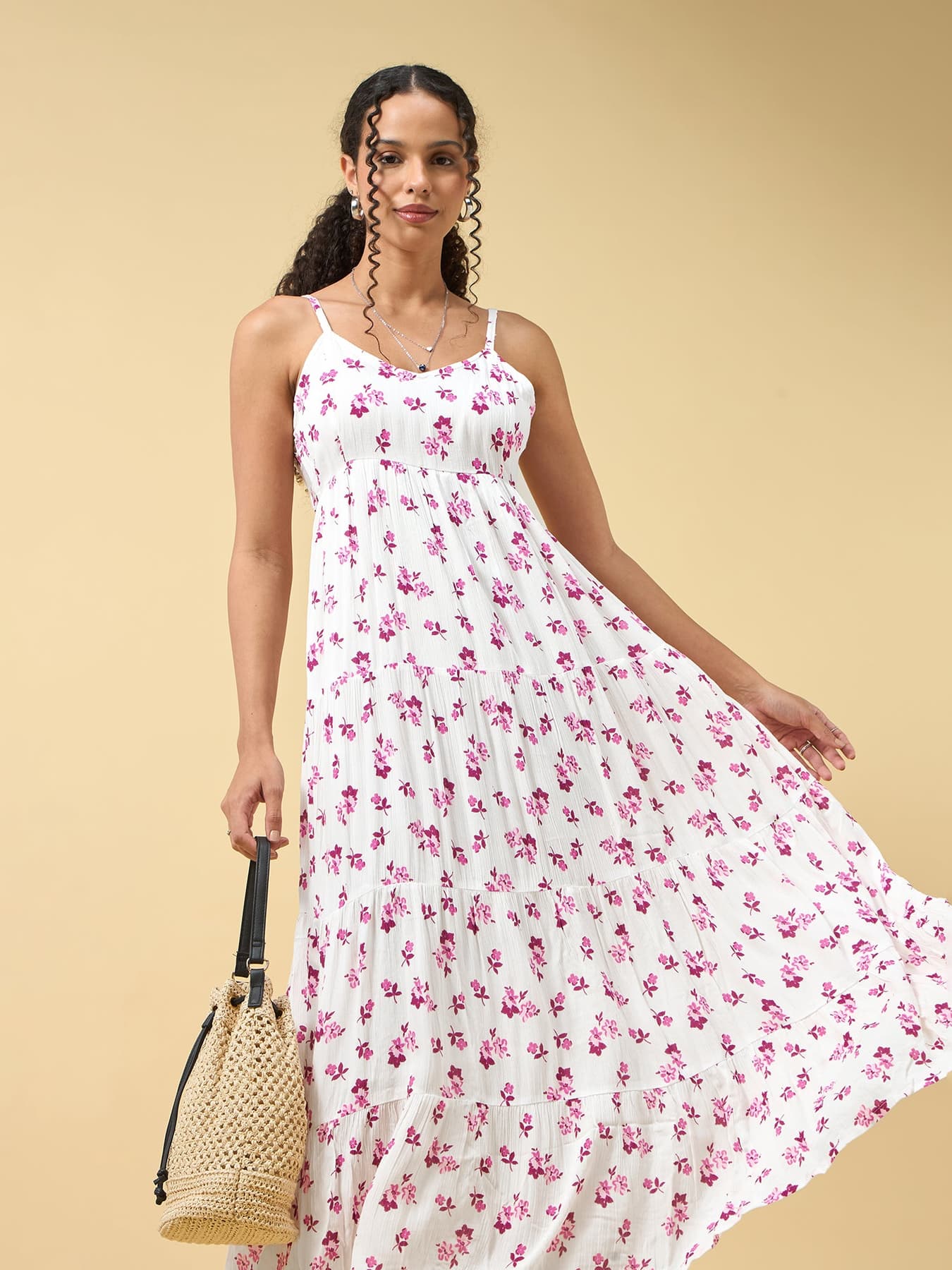 Women's Pink A-Line Tiered Dress with Tie Up Detail at the Back