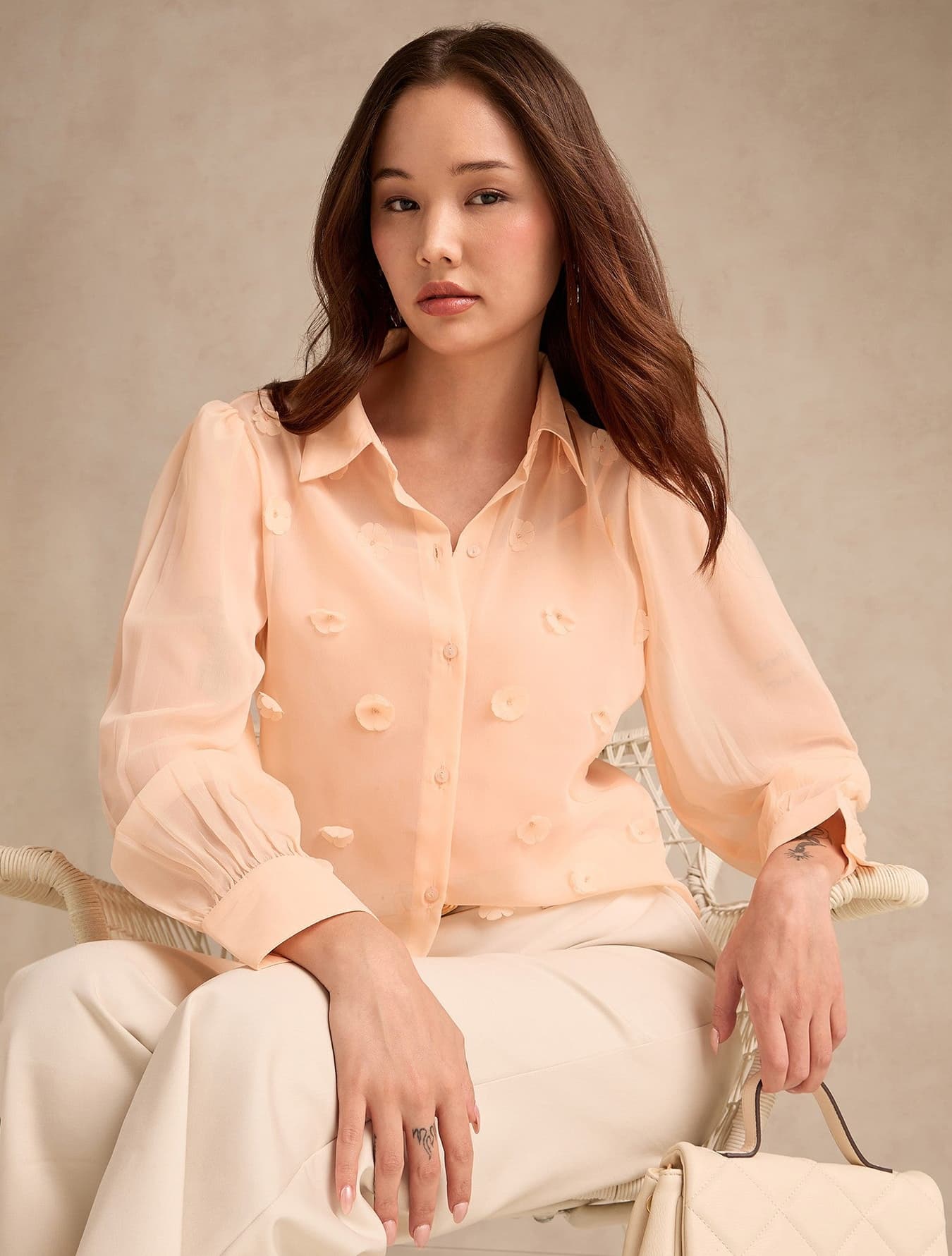 Women's Peach Flowy Georgette Shirt with Applique Flower Embellishment