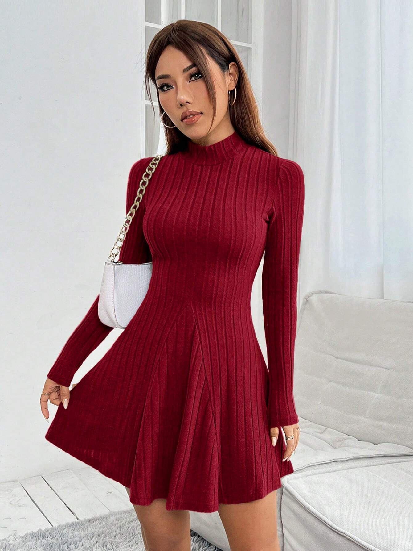 Women's Burgundy High Neck Wide Spaced Rib Dress