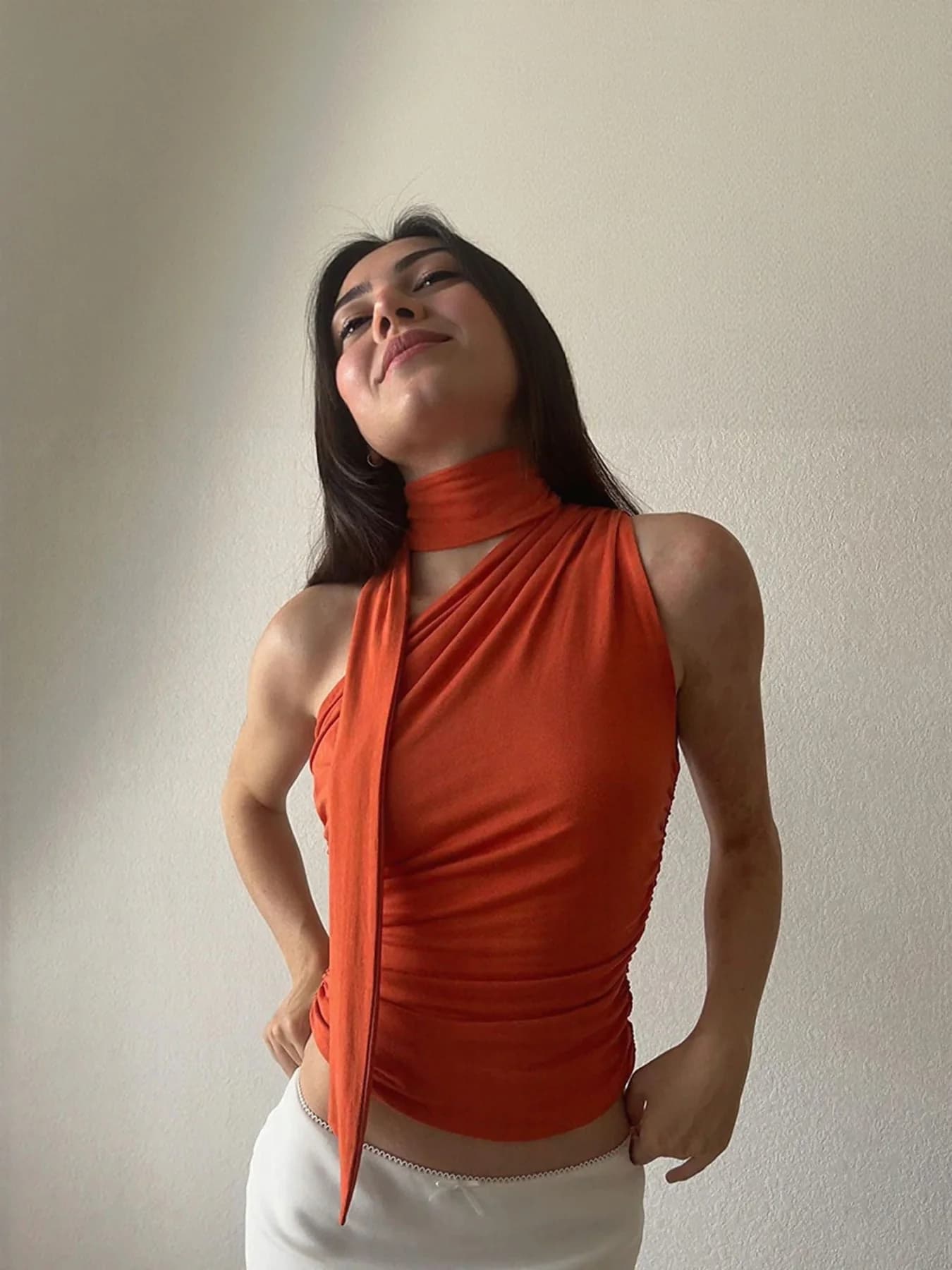 Women's Orange Neck Tie Up One Shoulder Top