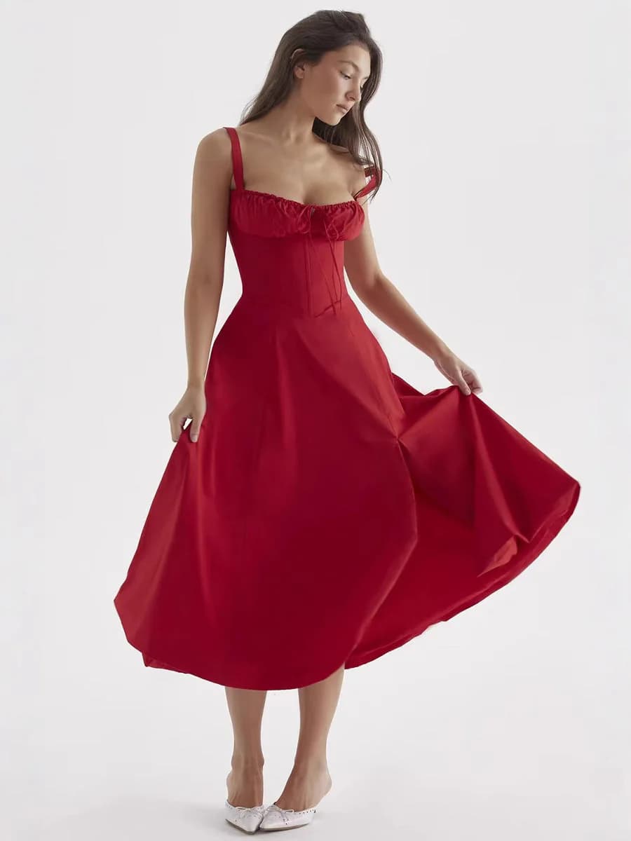 Women's Red Strappy Corset Midi Dress