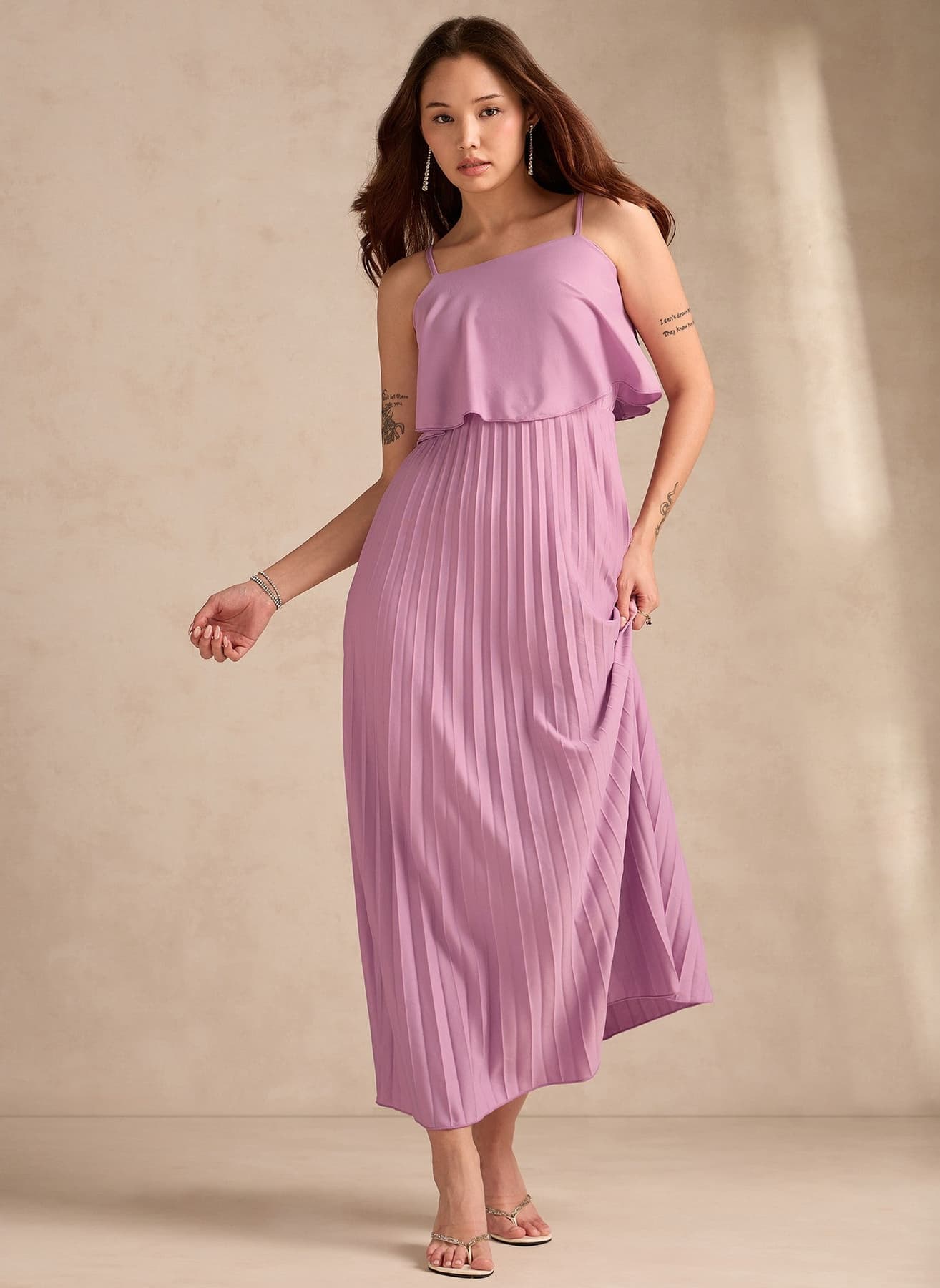 Women's Pink Strappy Pleated Maxi Dress