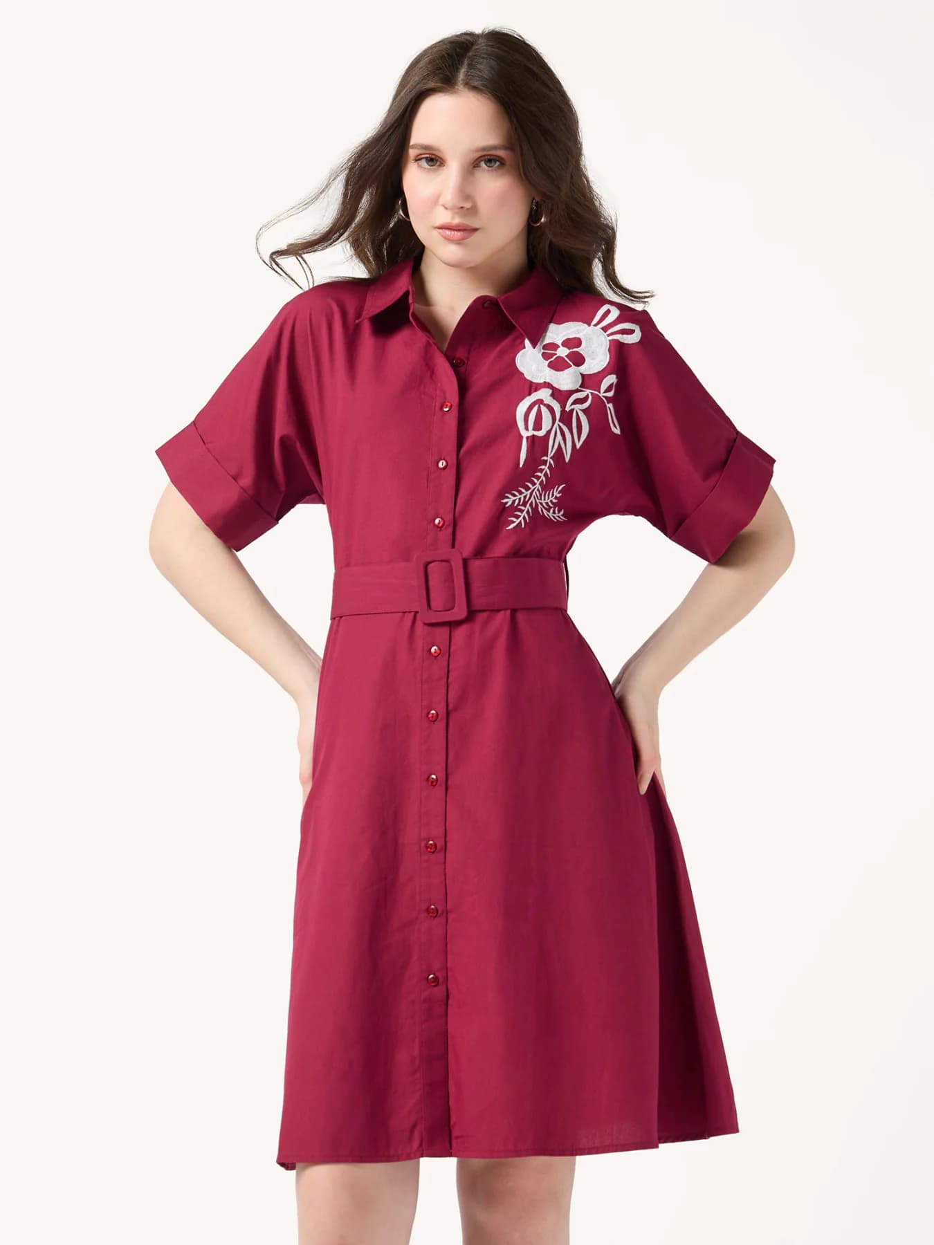 Women's Wine Shirt Dress with Print And Belt Detail