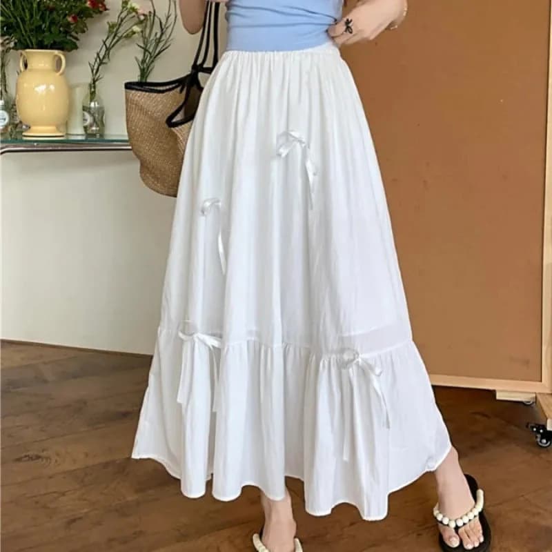 Women's White Flared Skirt with Bow