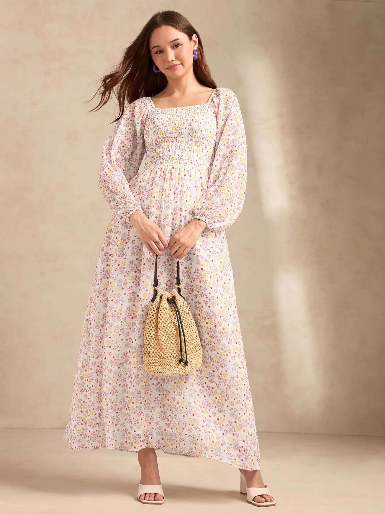 Women's White Full Sleeves Printed Maxi Dress