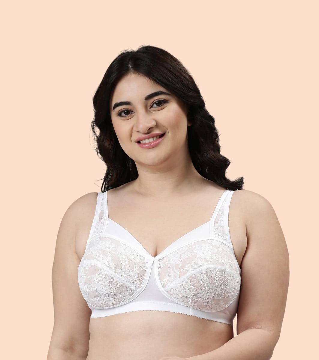 Women's White Full Support Classic Lace Lift Non Padded Wirefree Bra