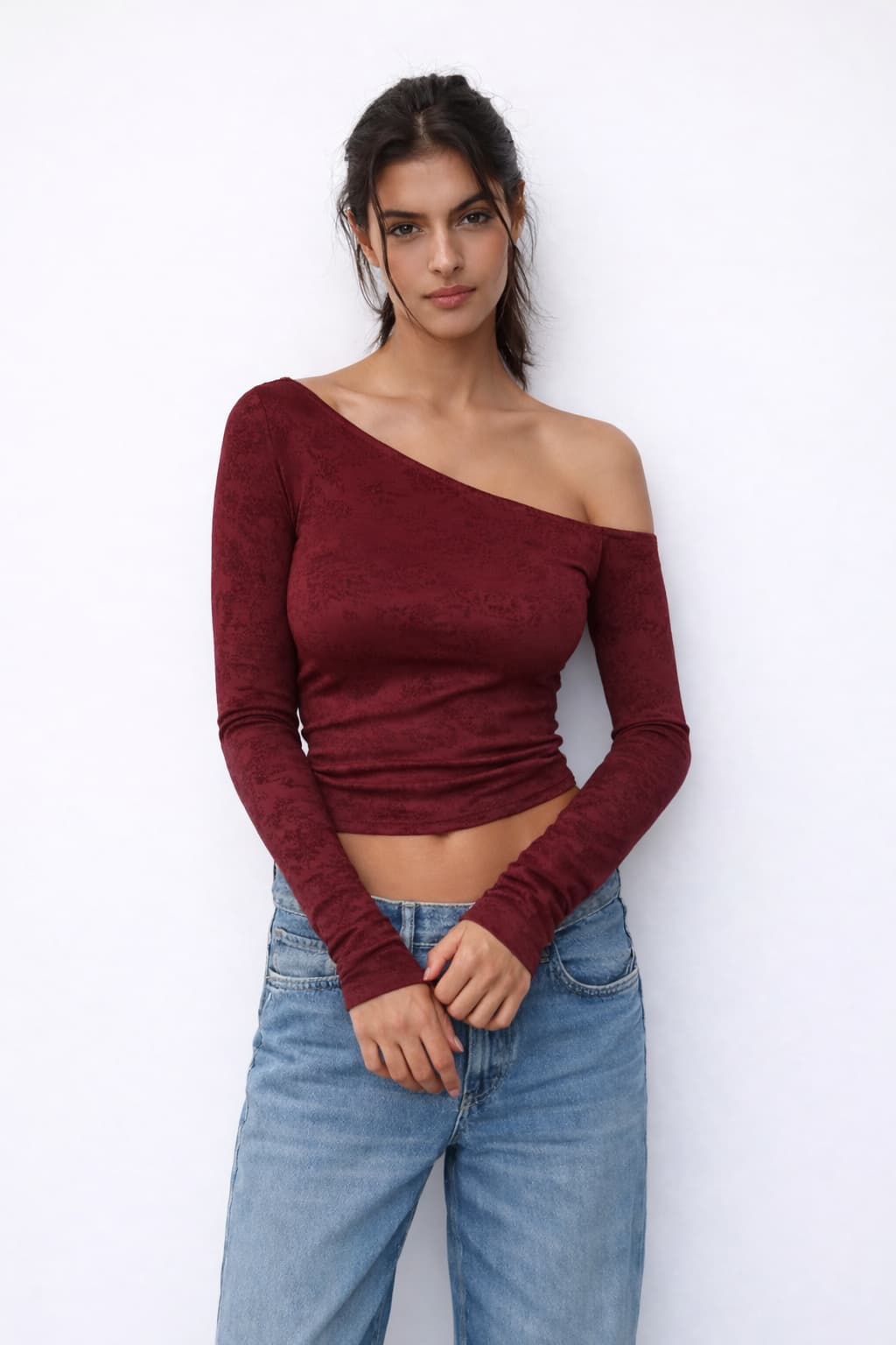 Women's Red Casual Textured Full Sleeves Top