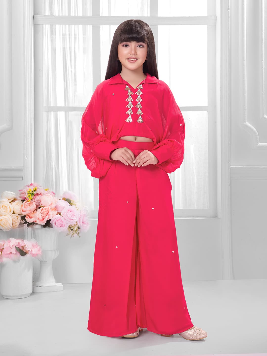 Girls Pink Colored Ethnic Floral Palazzo Set