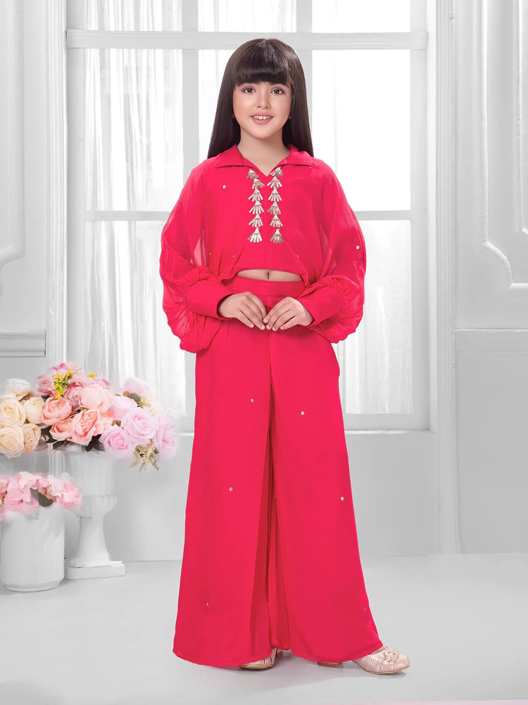Girls Pink Colored Ethnic Floral Palazzo Set