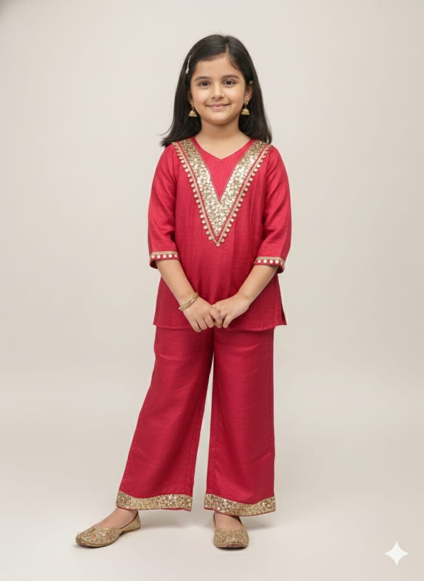 Girls Red Colored Casual Ethnic Self-Design Palazzo Set