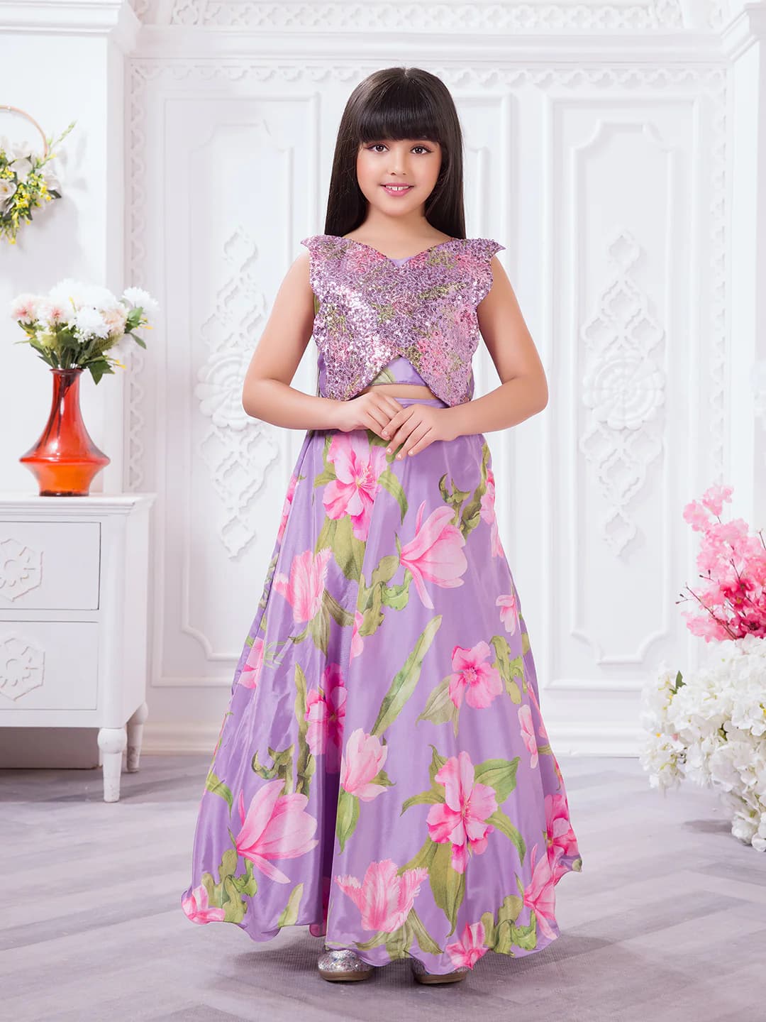 Girls Purple Colored Ethnic Floral Top Set