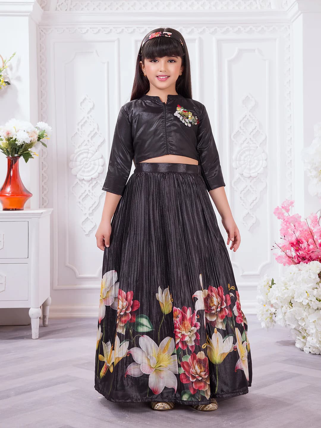 Girls Black Colored Festive Top set along with Hairband