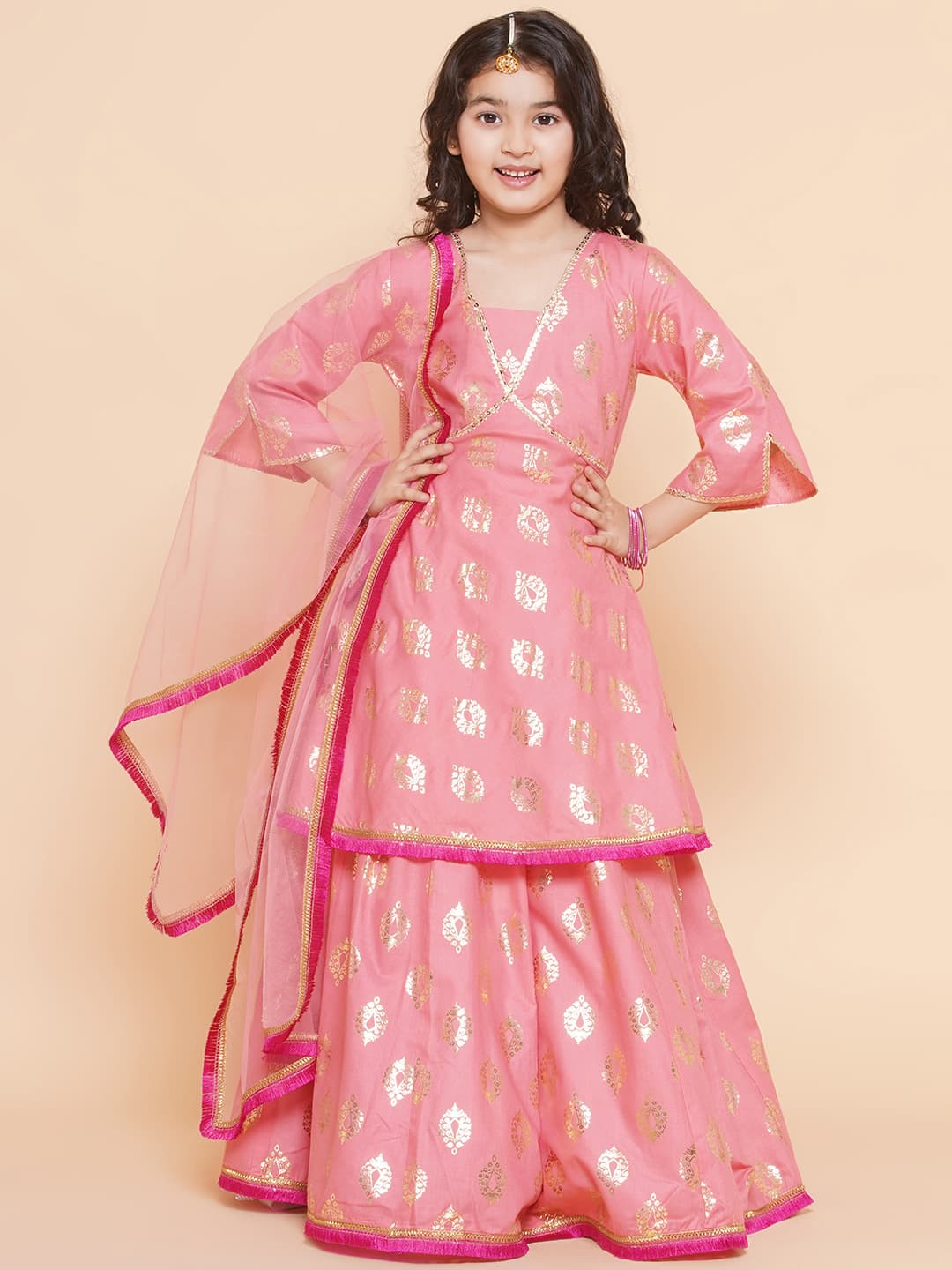 Girls Pink Foil Printed Lace Work Lehenga Choli With Dupatta