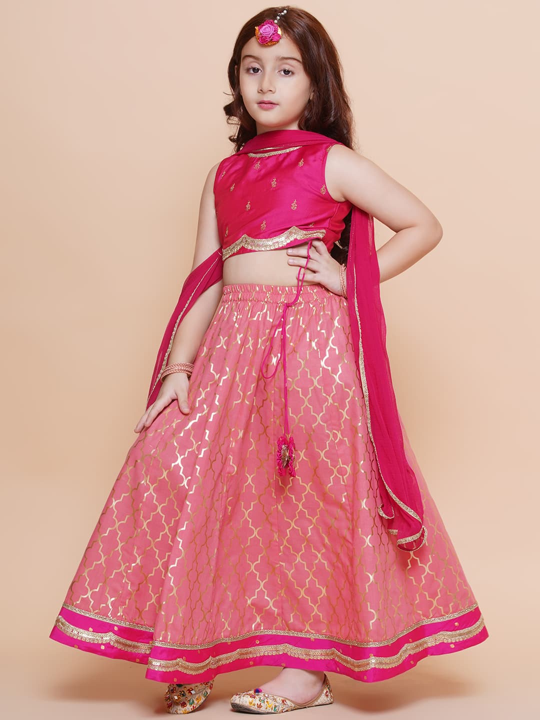 Girls Pink Embroidered Printed Lehenga Choli With Dupatta