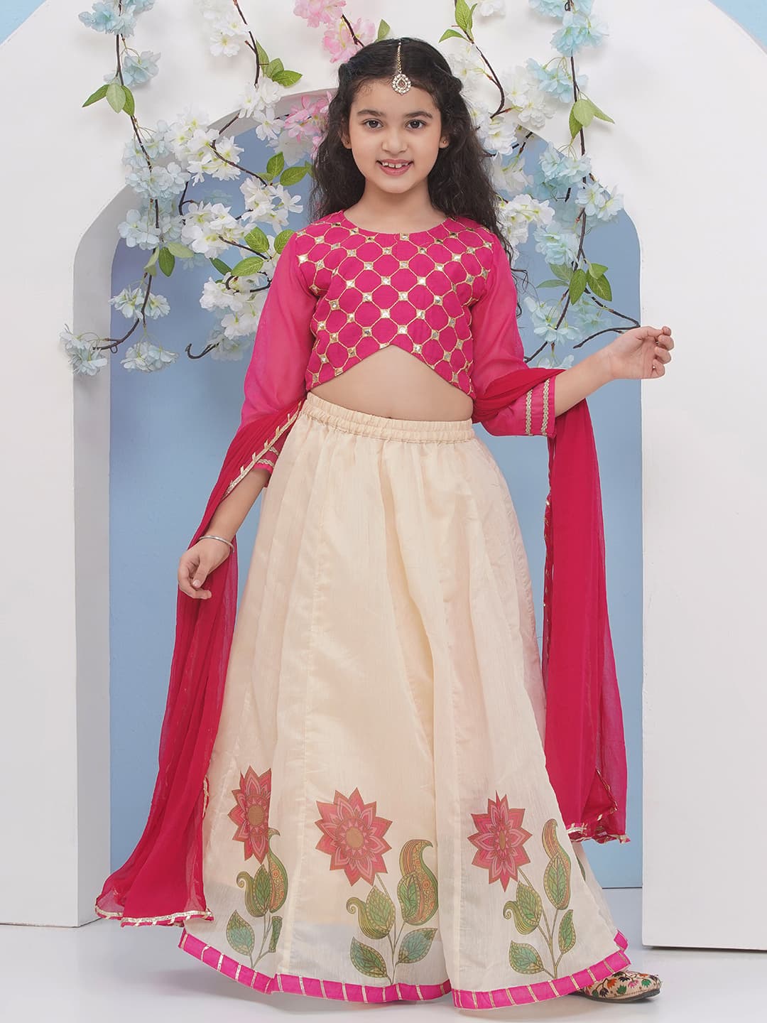 Girls Pink & Beige Flower Printed With Embroidered Lehenga Choli With Dupatta