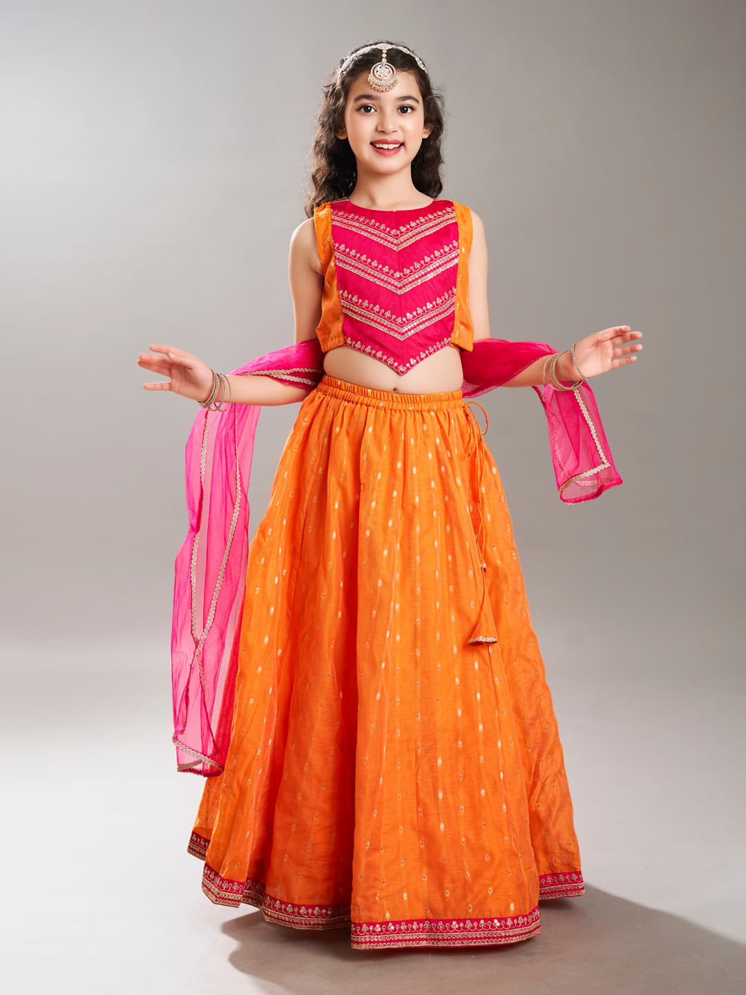 Girls Orange & Pink With Embroidered Ready To Wear Lehenga Choli With Dupatta